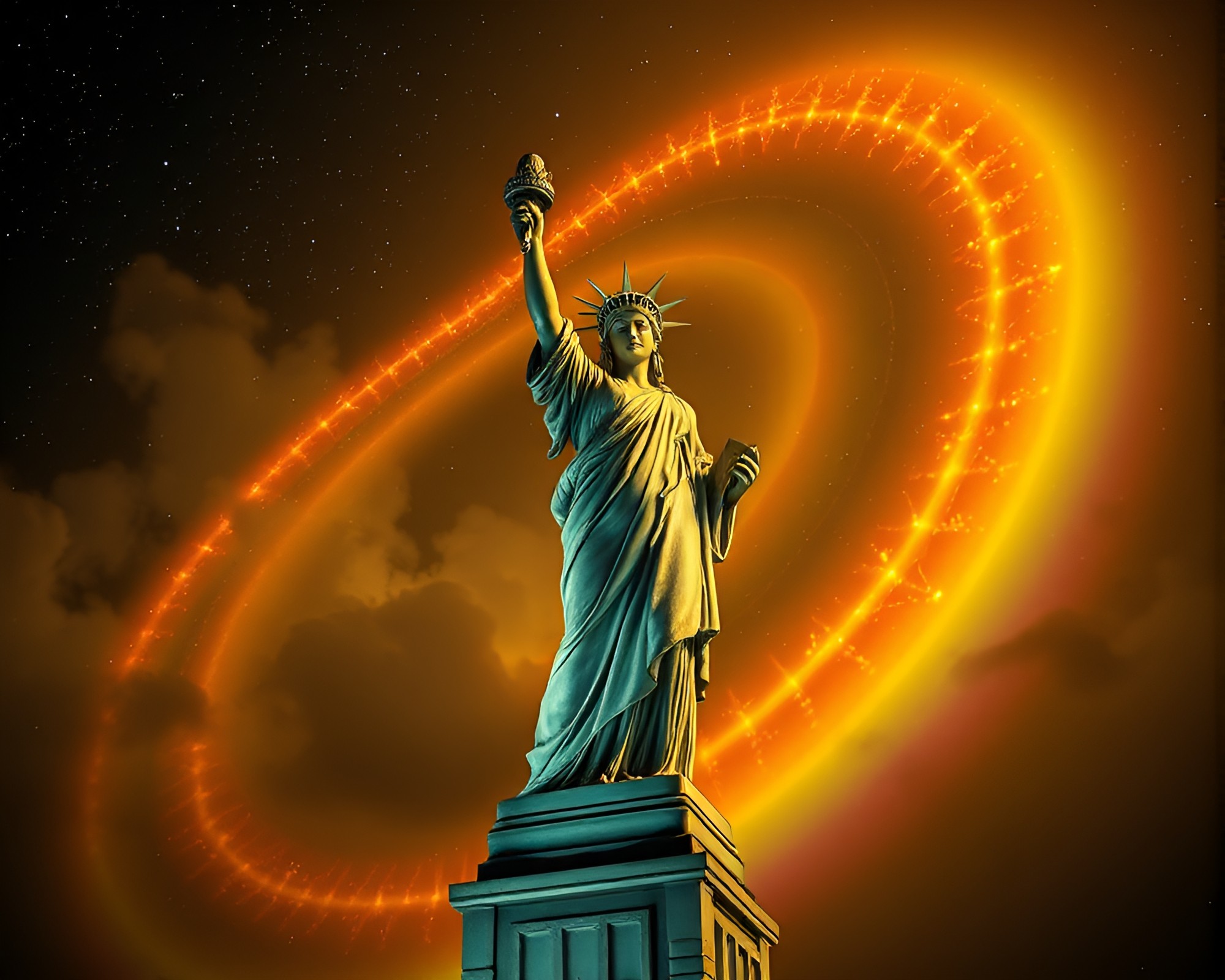 Mystical Cosmic Statue in Film Noir Golden Spiral – free AI stock image