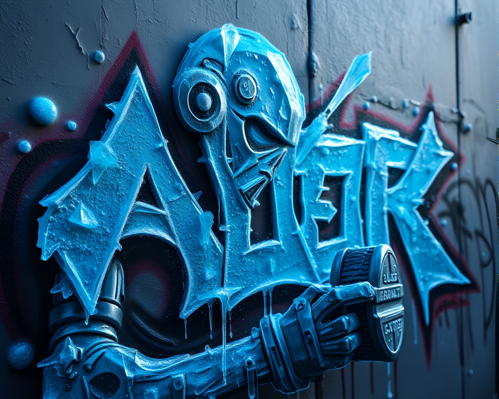 Futuristic Cyborg Ice Crystals in Arctic Graffiti Landscape – free AI stock image