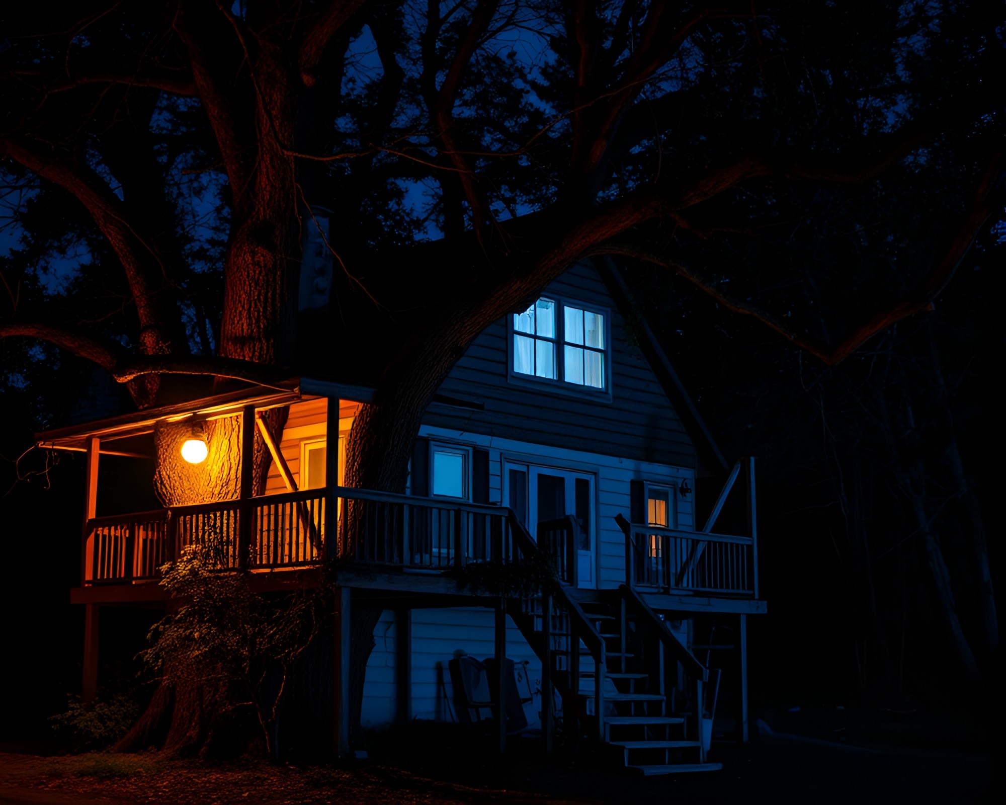 Enchanted Treehouse with Retro Color Fade at Blue Hour – free AI stock image