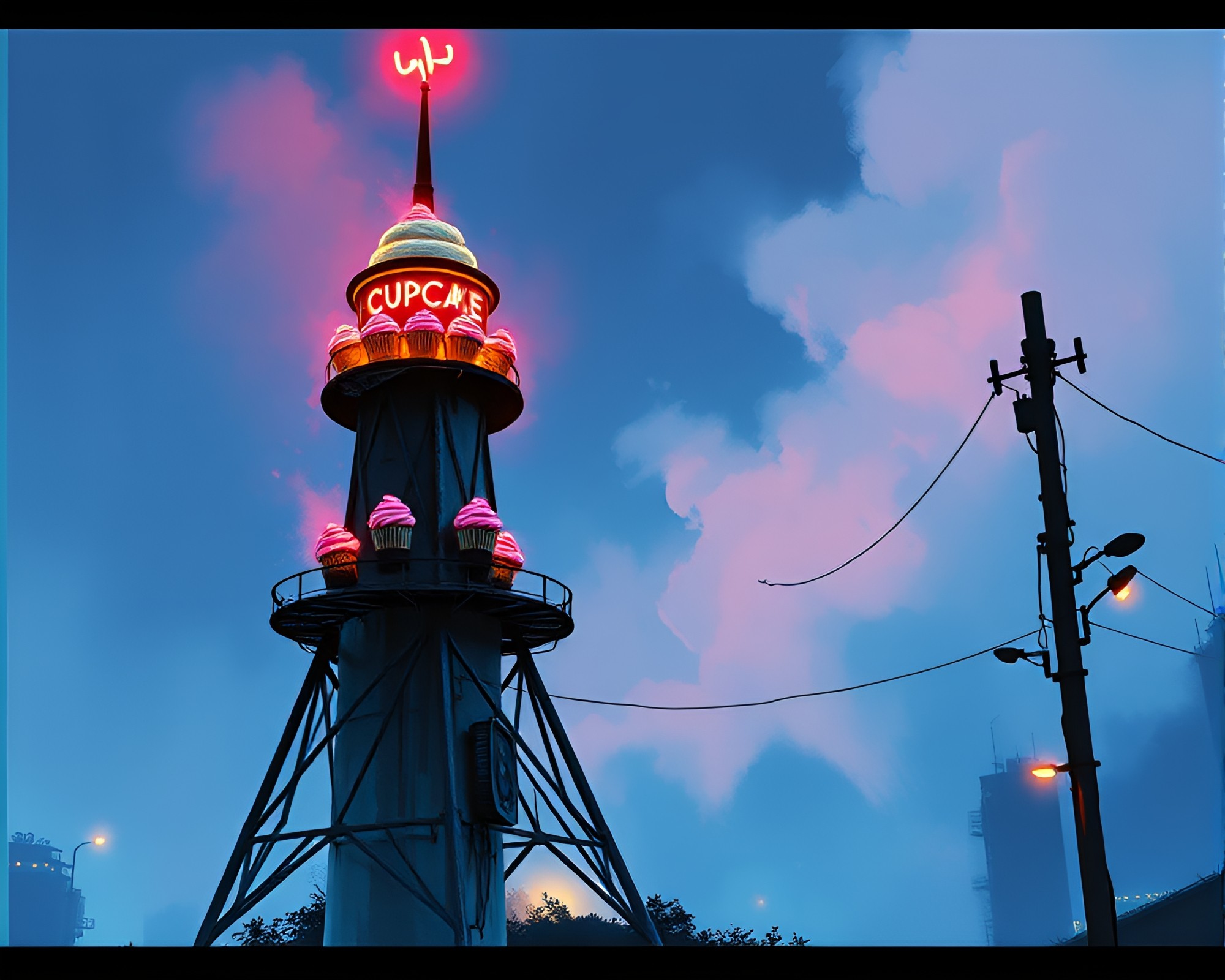 Neon Cupcake Tower with Sumi-e Brushwork Film Burns – free AI stock image