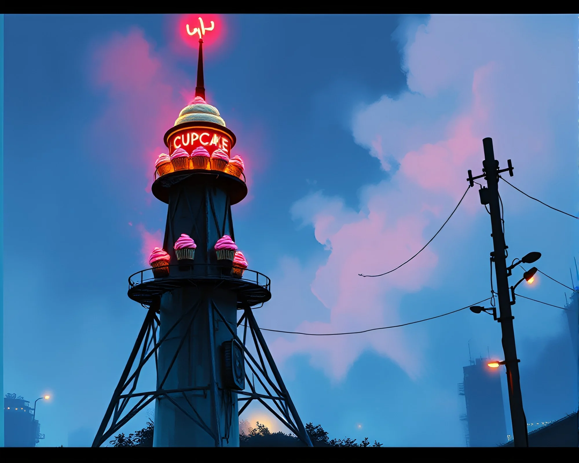Neon Cupcake Tower with Sumi-e Brushwork Film Burns