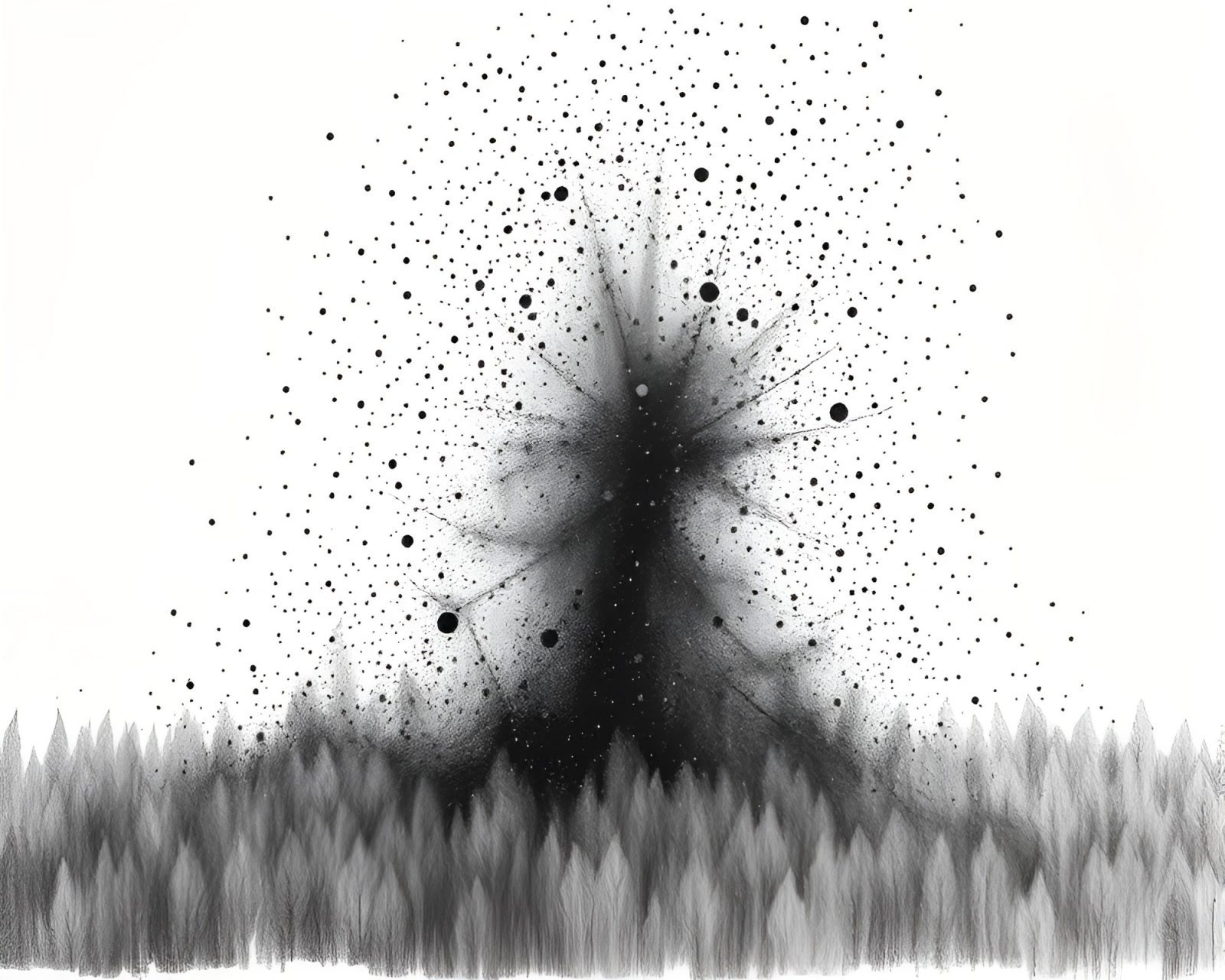 Woodcut print of graphite gray geyser field with floating particles
