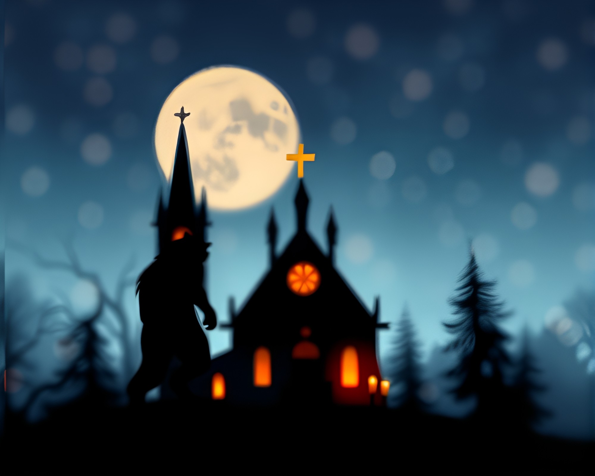 Werewolf Silhouette in Candlelit Church Bokeh – free AI stock image