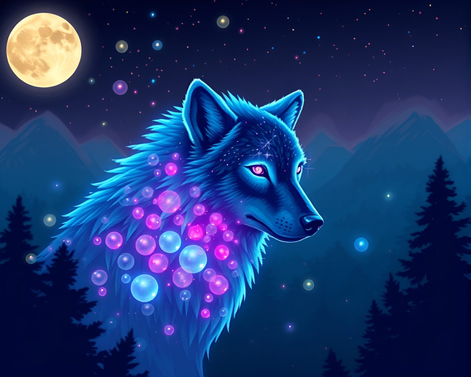 Pixel art scene of a wolf under a neon glow surrounded by bubbles