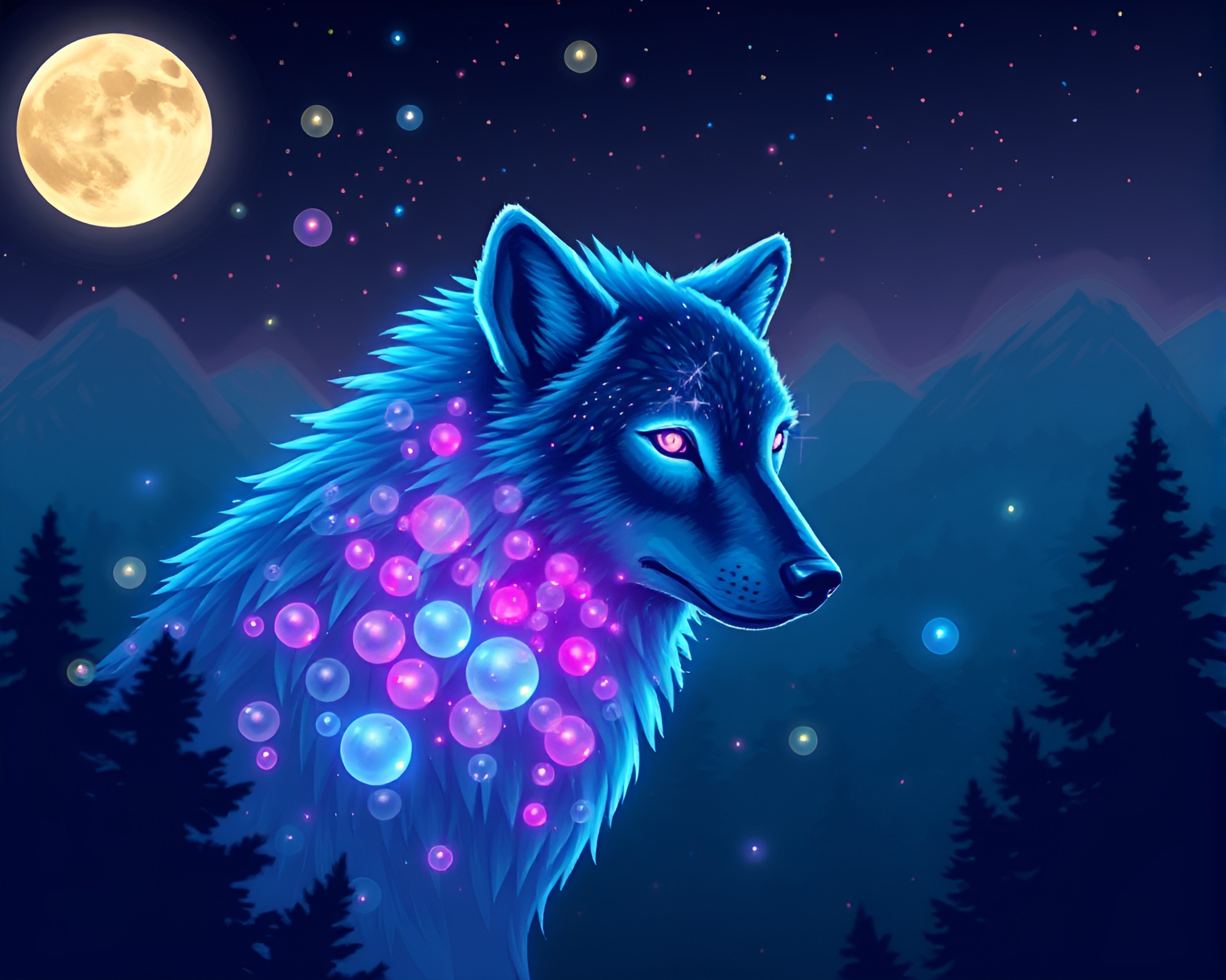 Moonlit Wolf Surrounded by Fluorescent Bubble Clusters – free AI stock image