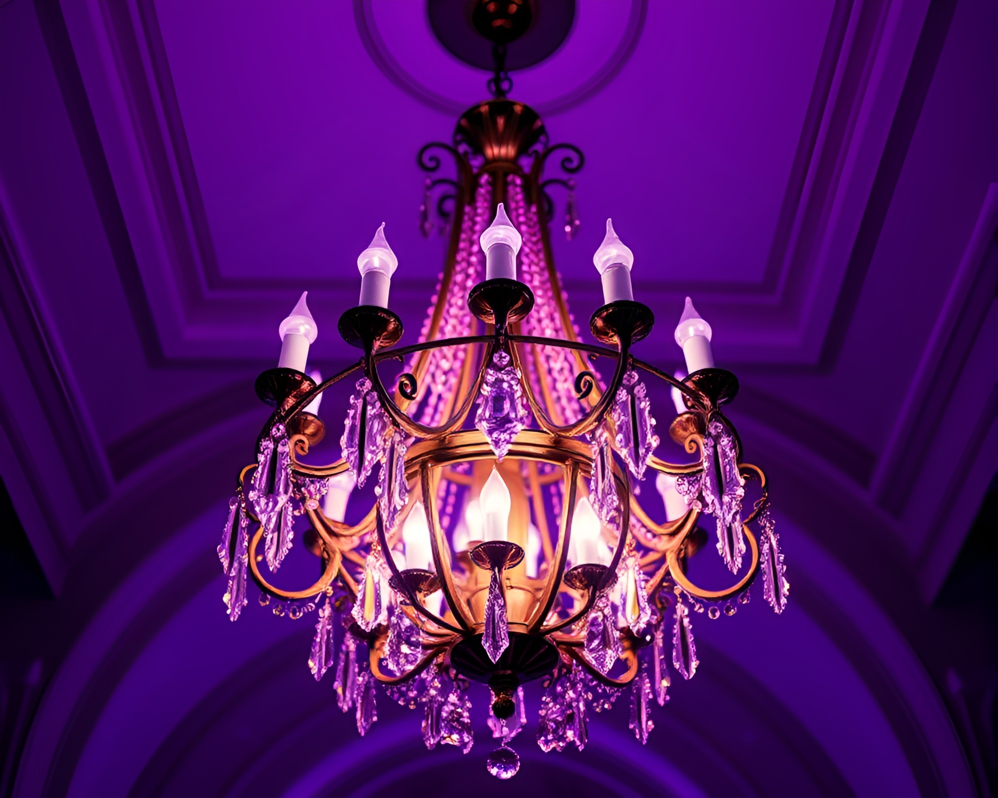 Gothic Chandelier Illuminated in Twilight Purple Fluorescence – free AI stock image