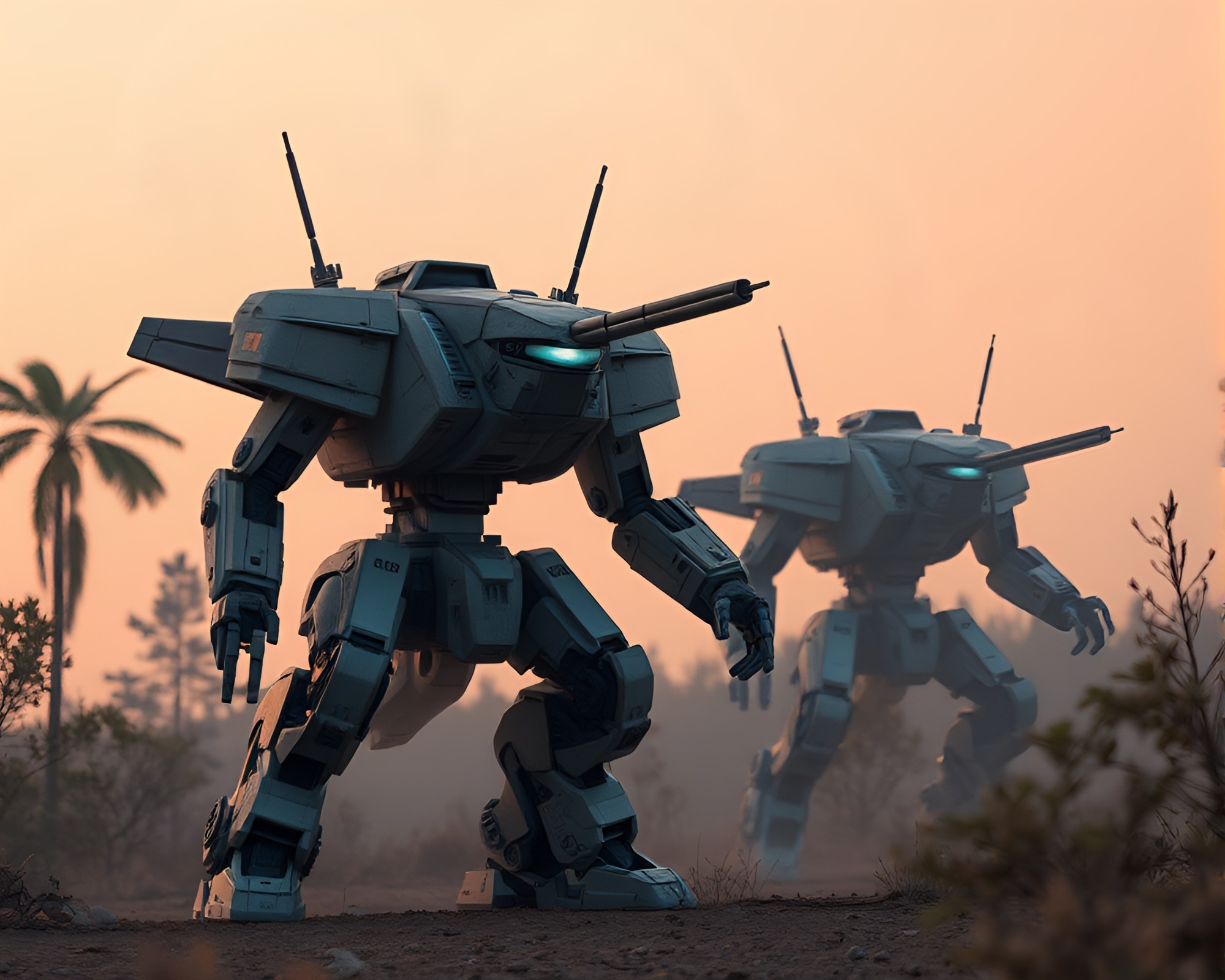Dawn Light Battle Mech in Sepia Tone – free AI stock image