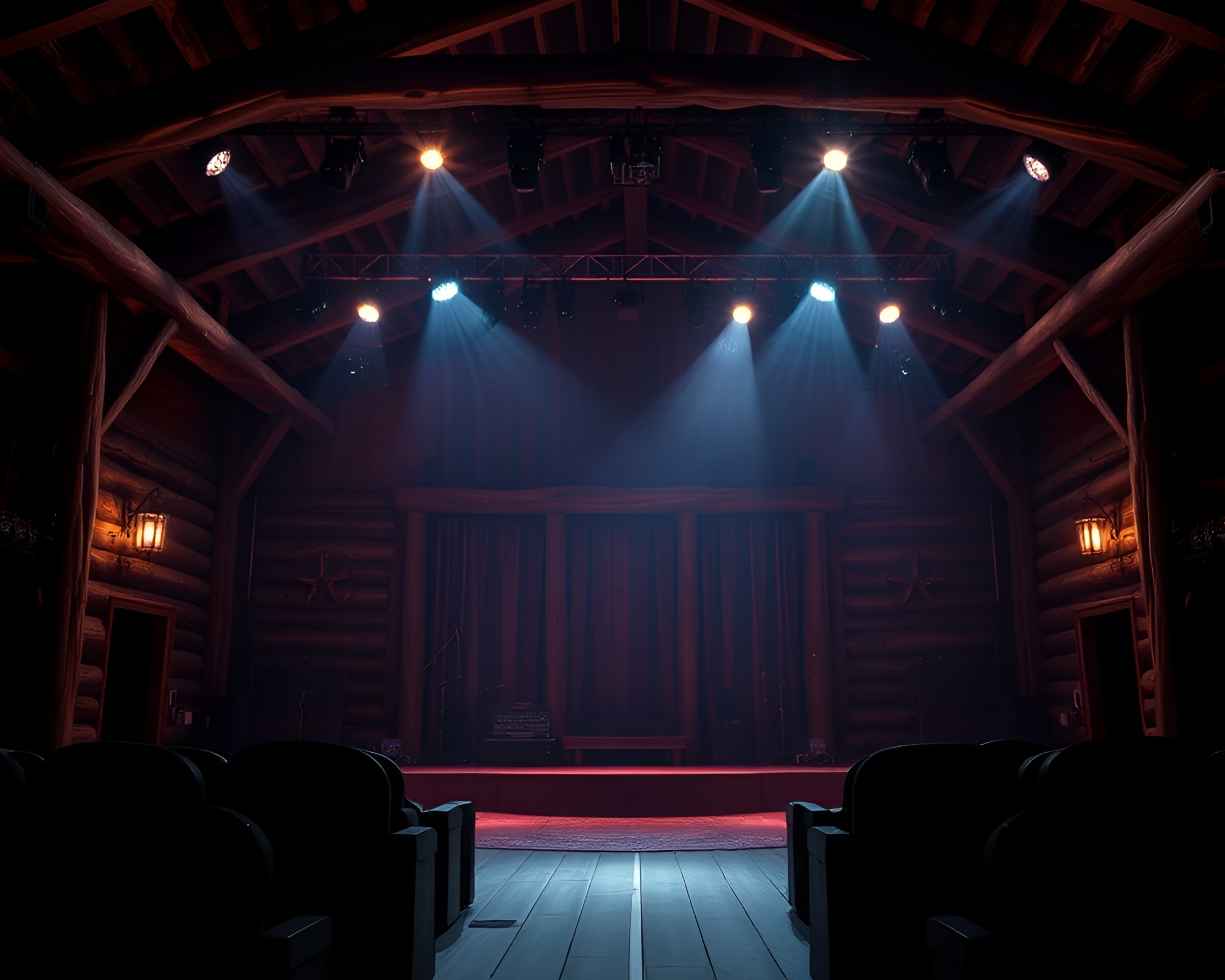 Stippling Rustic Cabin under Concert Lights – free AI stock image
