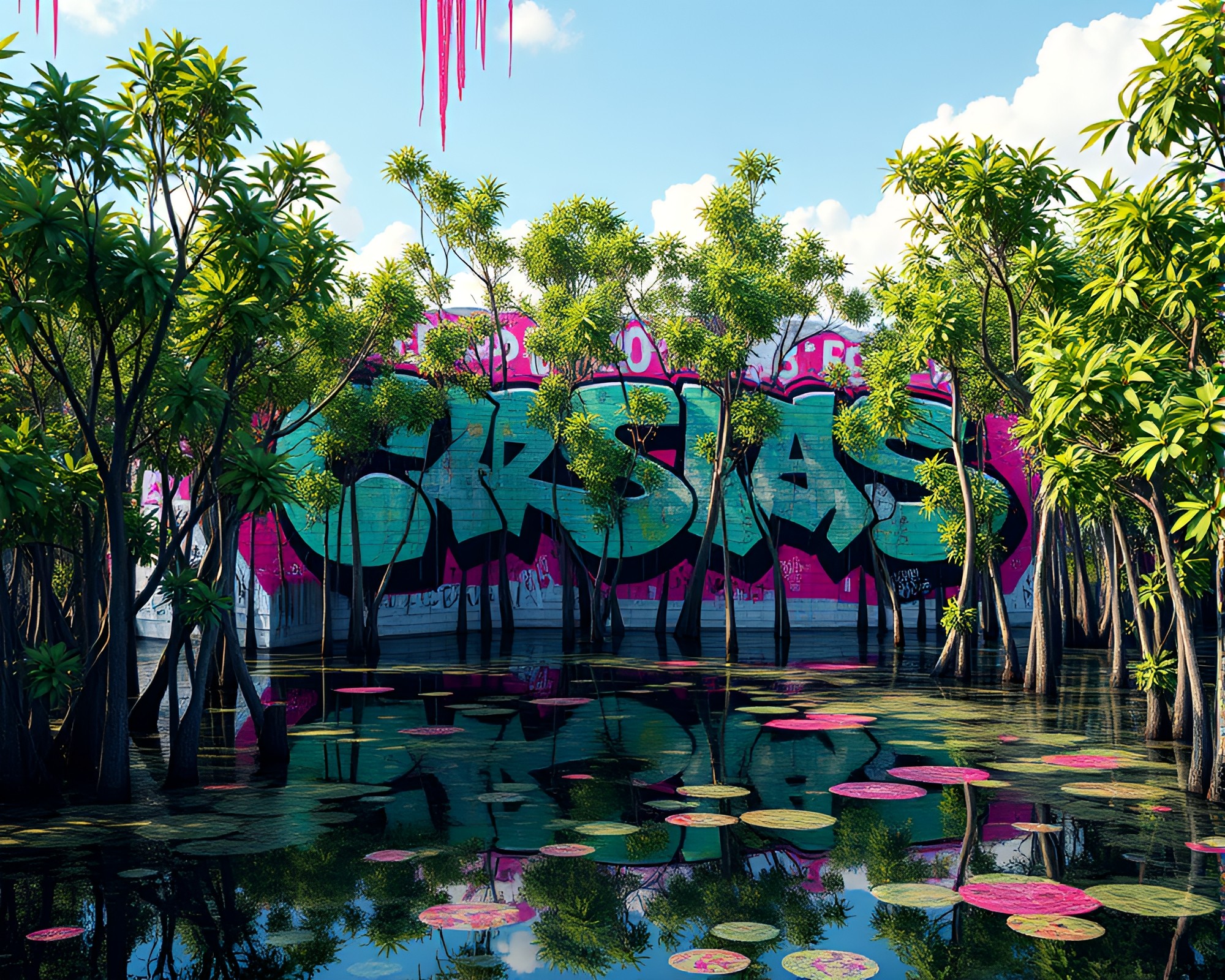CGI Mangrove Swamp with Graffiti Palette Overlay – free AI stock image