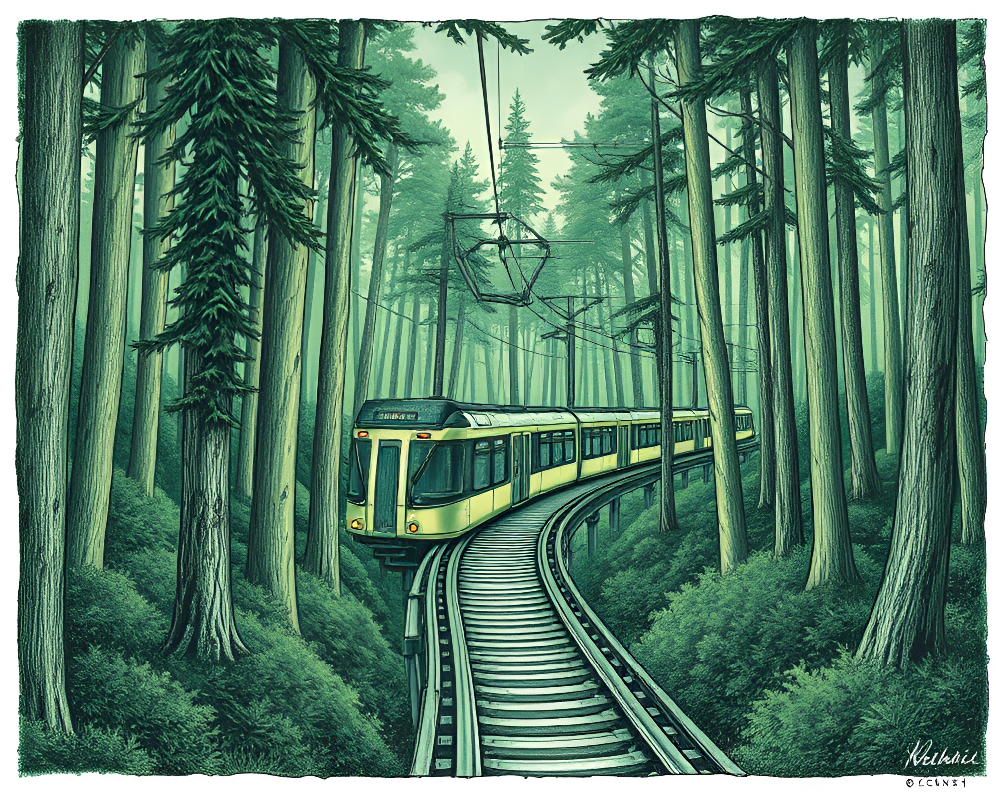 Futuristic Monorail in Enchanted Forest Green Illustration – free AI stock image