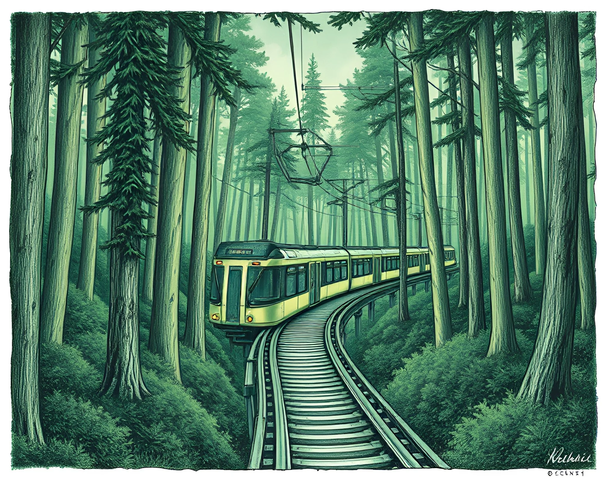 Futuristic Monorail in Enchanted Forest Green Illustration