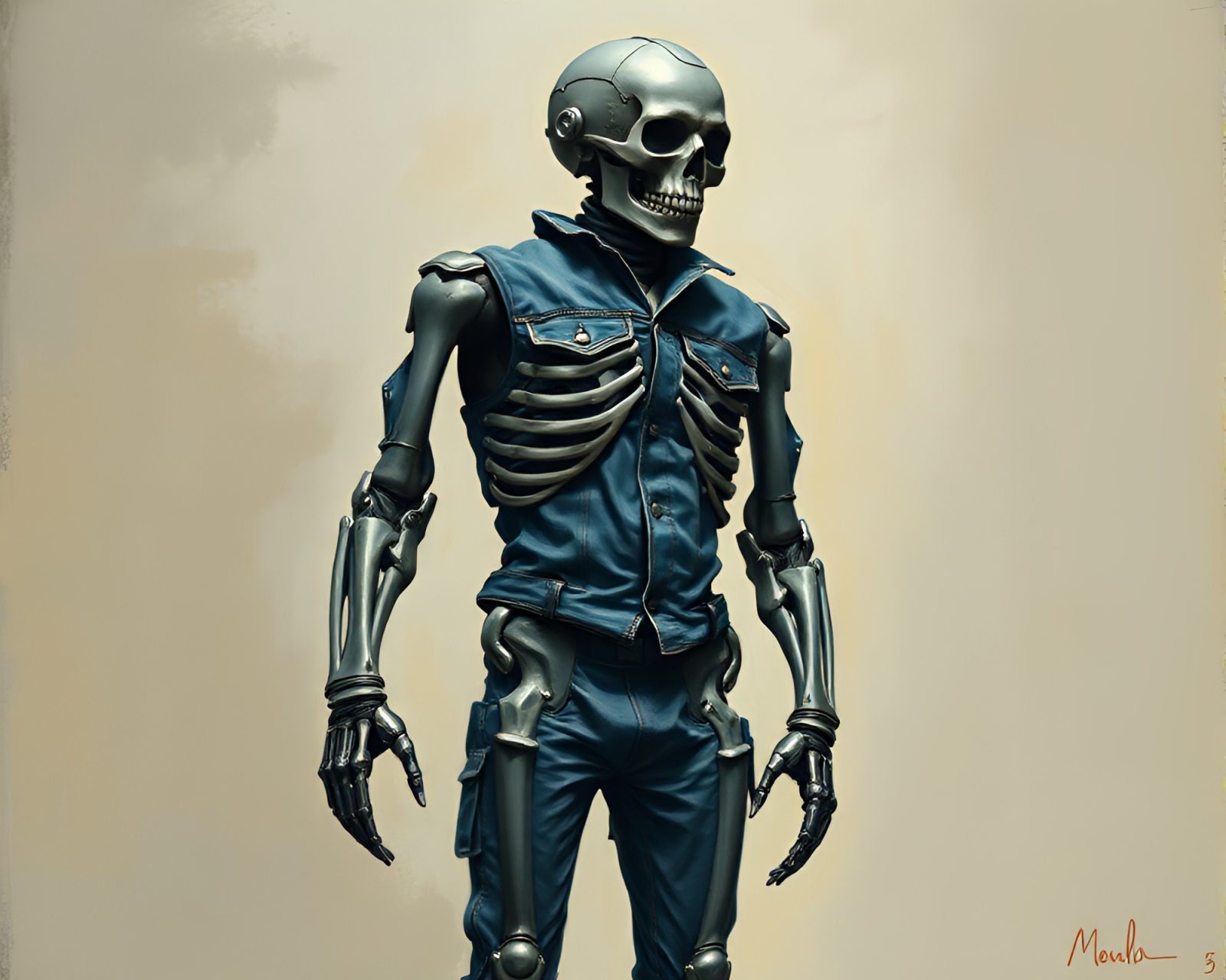 Medium shot of fading denim-themed exoskeleton suit art