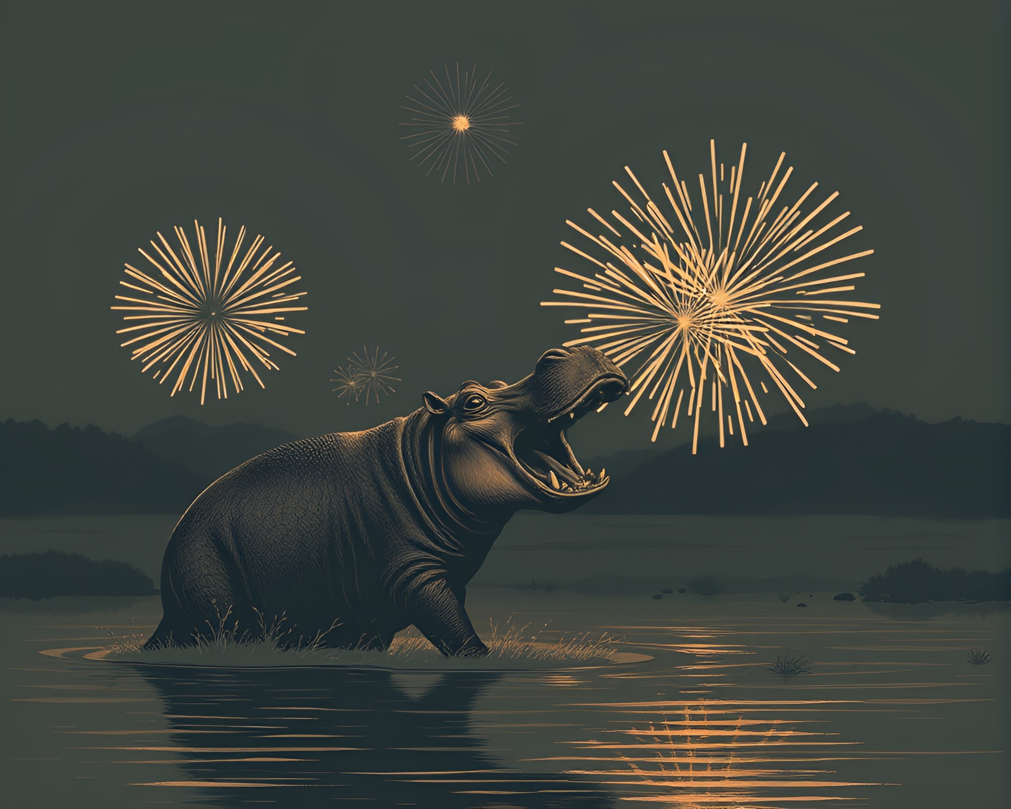 Surreal Fireworks Show: Hippopotamus in Desaturated Gloom – free AI stock image
