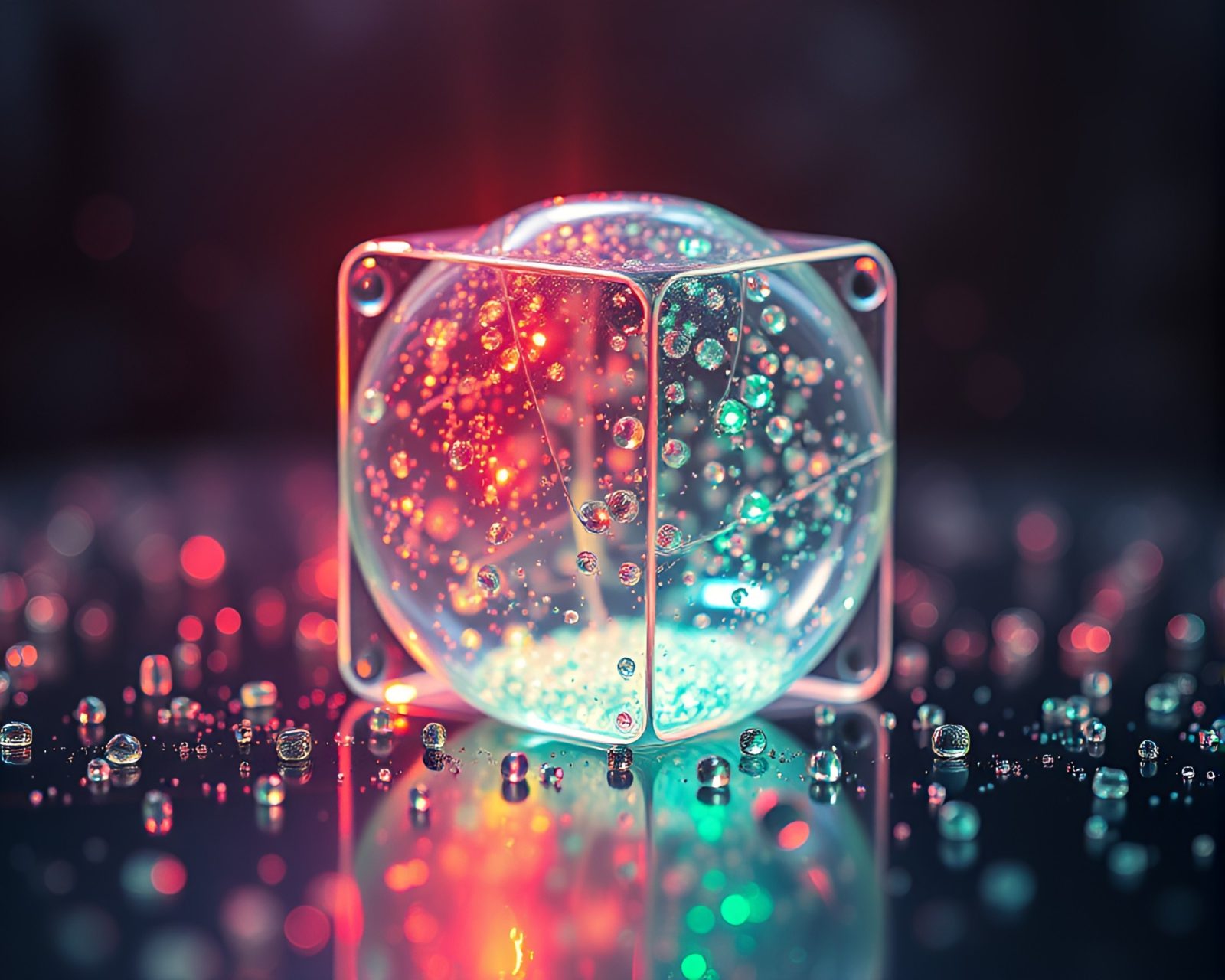 Low light photo of wet glass beads on quantum device