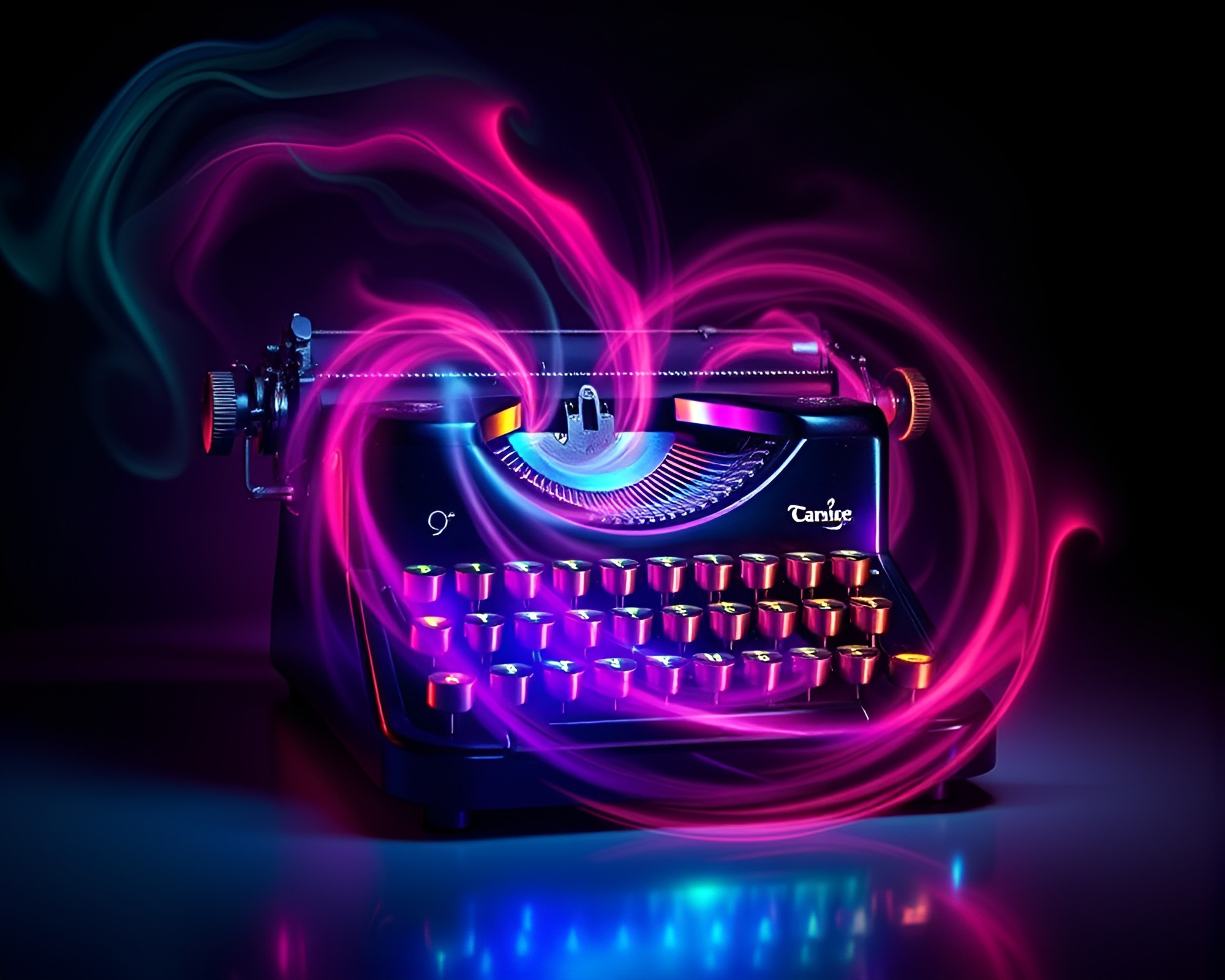 Vintage Vortex: Neon Typewriter in Aurora Hues – free AI stock image