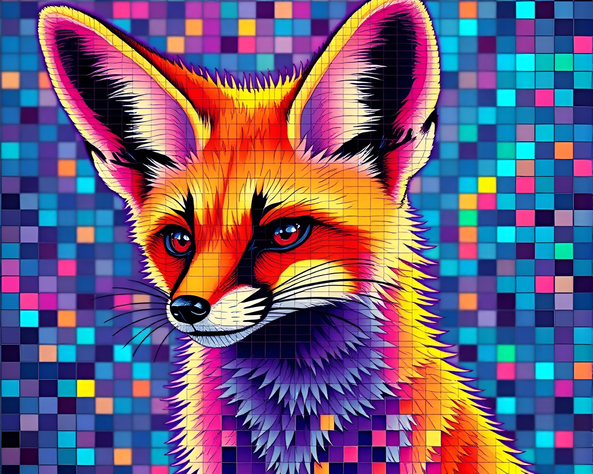 Synthwave Fennec Fox Mosaic in Neon Vibrance – free AI stock image