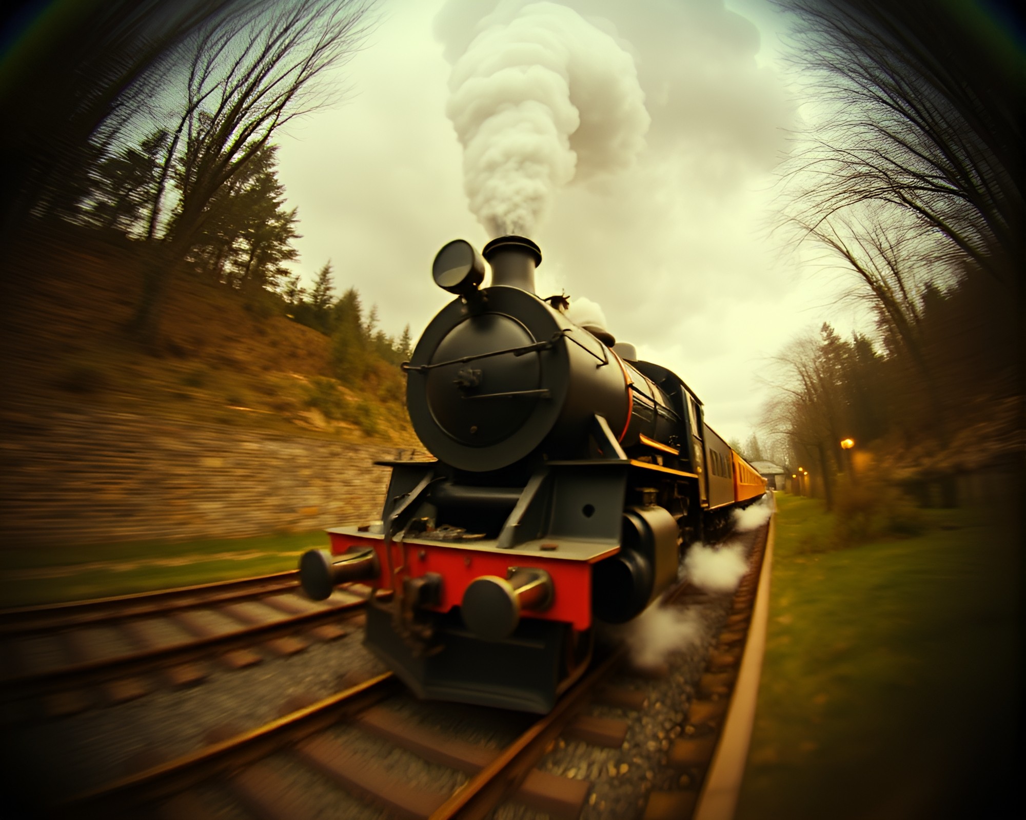 Vintage Steam Locomotive Emerging from a Dreamy VHS Mist – free AI stock image