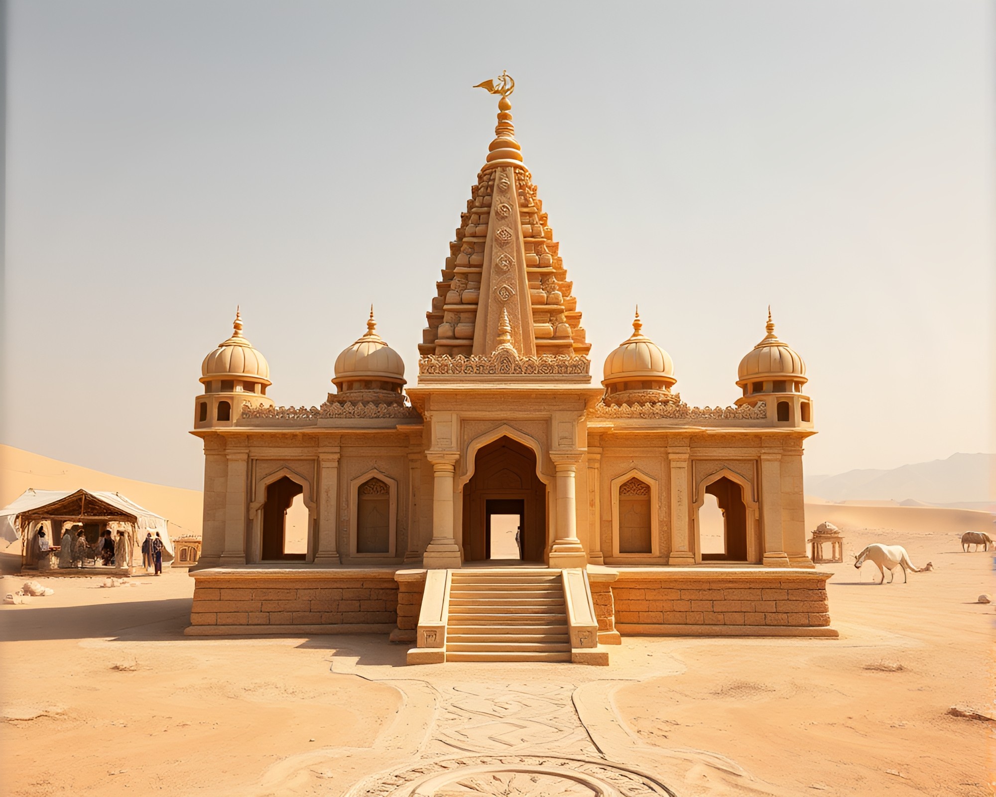 Desert Temple Oasis with Radial Symmetry – free AI stock image