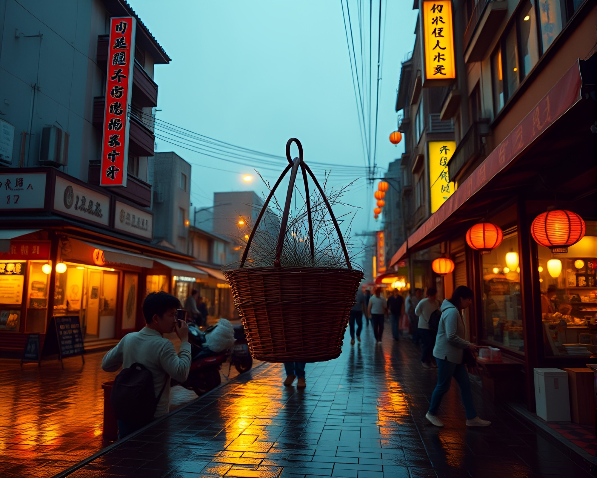 Dim Sum Feast on Wet Pavement in Golden Hour Light – free AI stock image