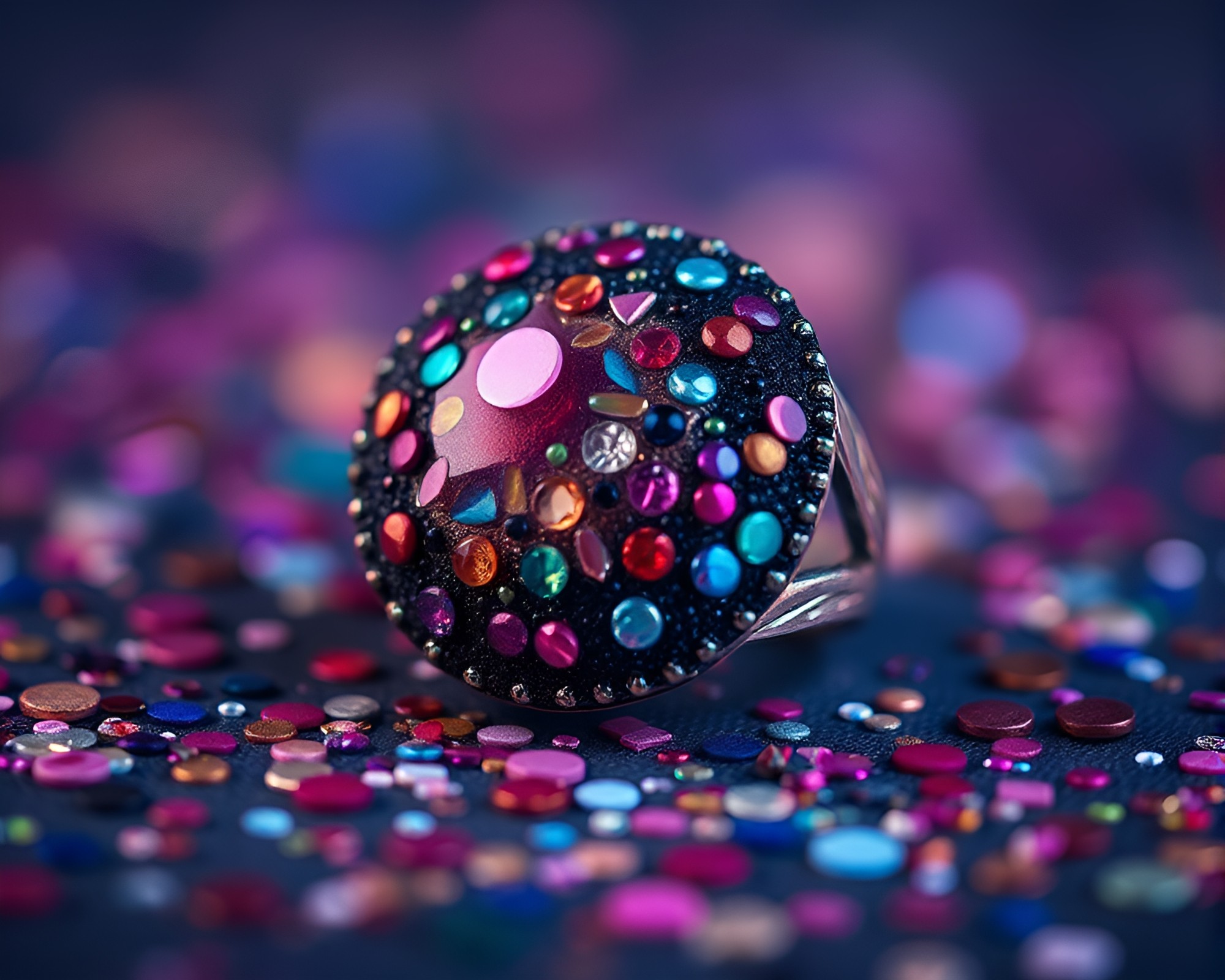 Embroidered ring under duochrome confetti explosion – free AI stock image