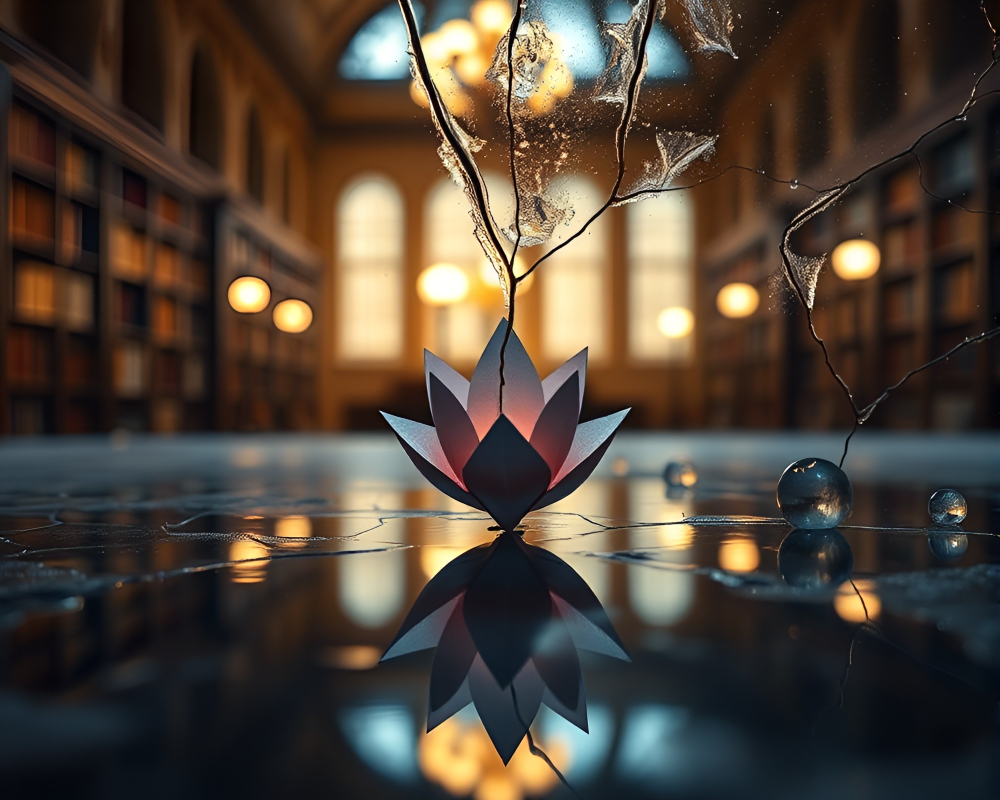 Ice Reflection with Origami Flower in Library Lamp Light – free AI stock image