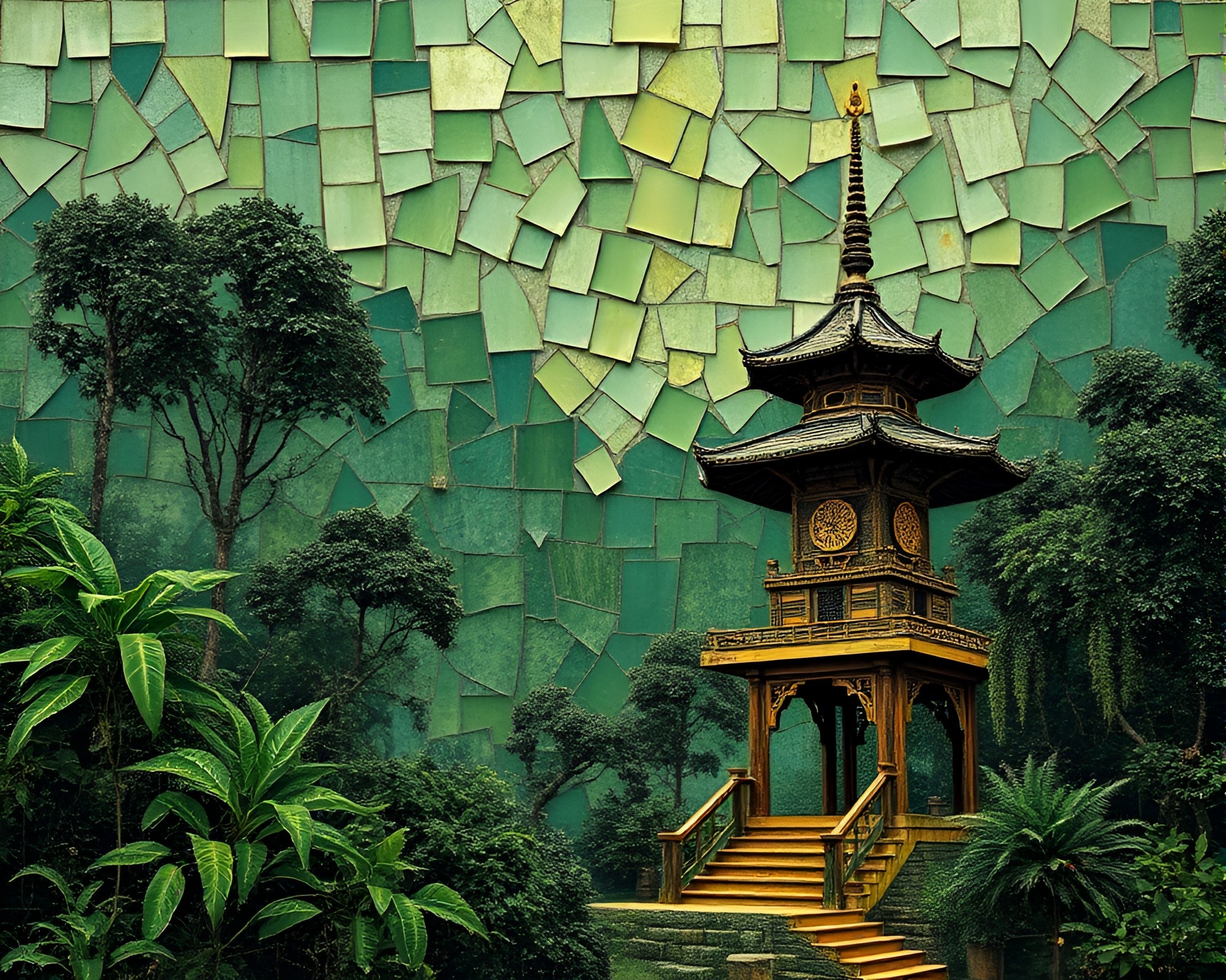 Fragmented Pagoda in Rainforest Mosaic – free AI stock image