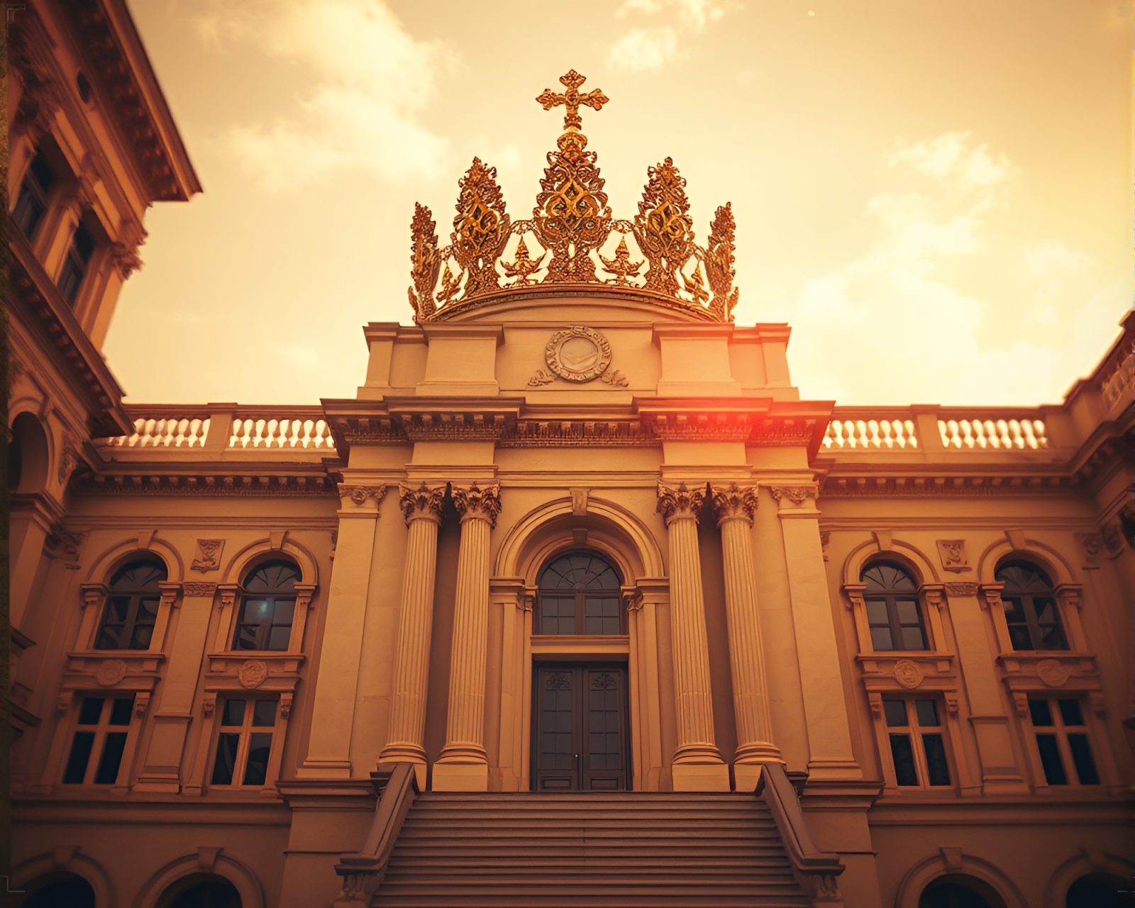 Majestic crown amidst sepia-toned architectural marvel with chromatic aberration