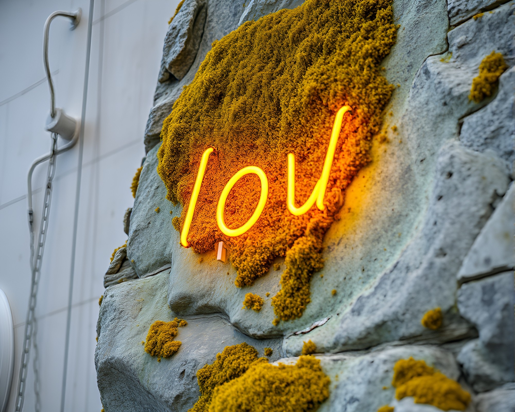 Luminous Moss-Covered Rock in Copper Neon Glow – free AI stock image