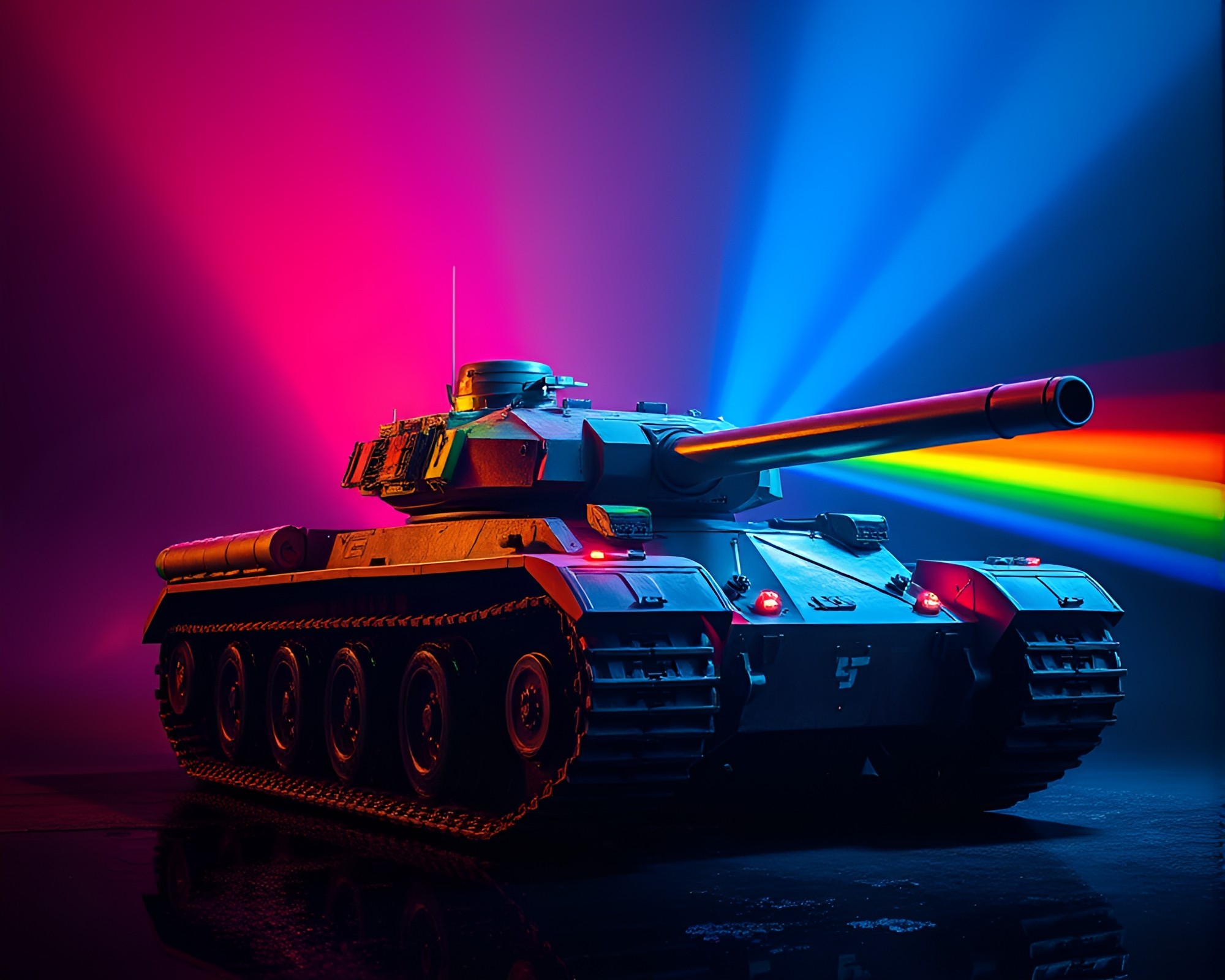 Rainbow Refraction: Armored Tank in LED Light Art – free AI stock image