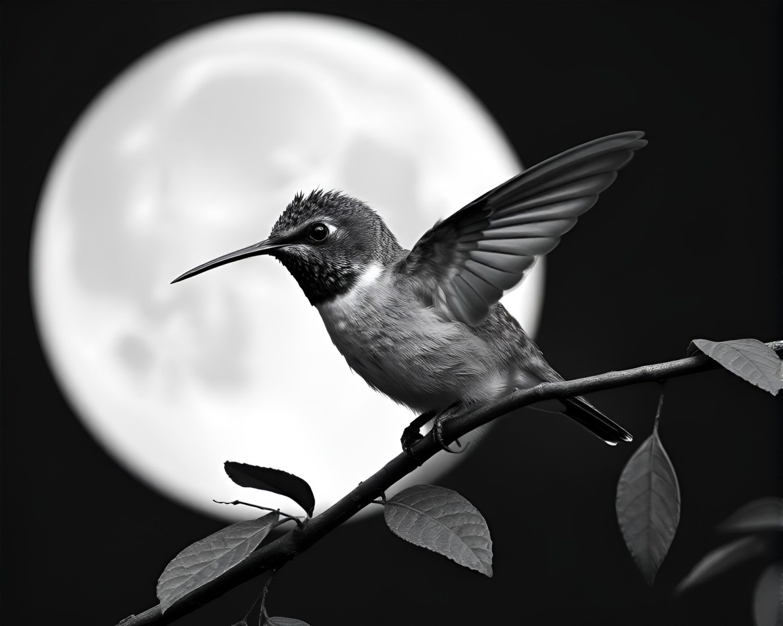 Dreamy grayscale scene of a hummingbird in forest