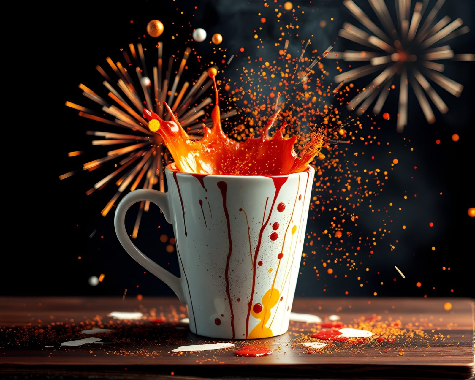 Coffee cup surrounded by colorful fireworks bursts and paint splatters