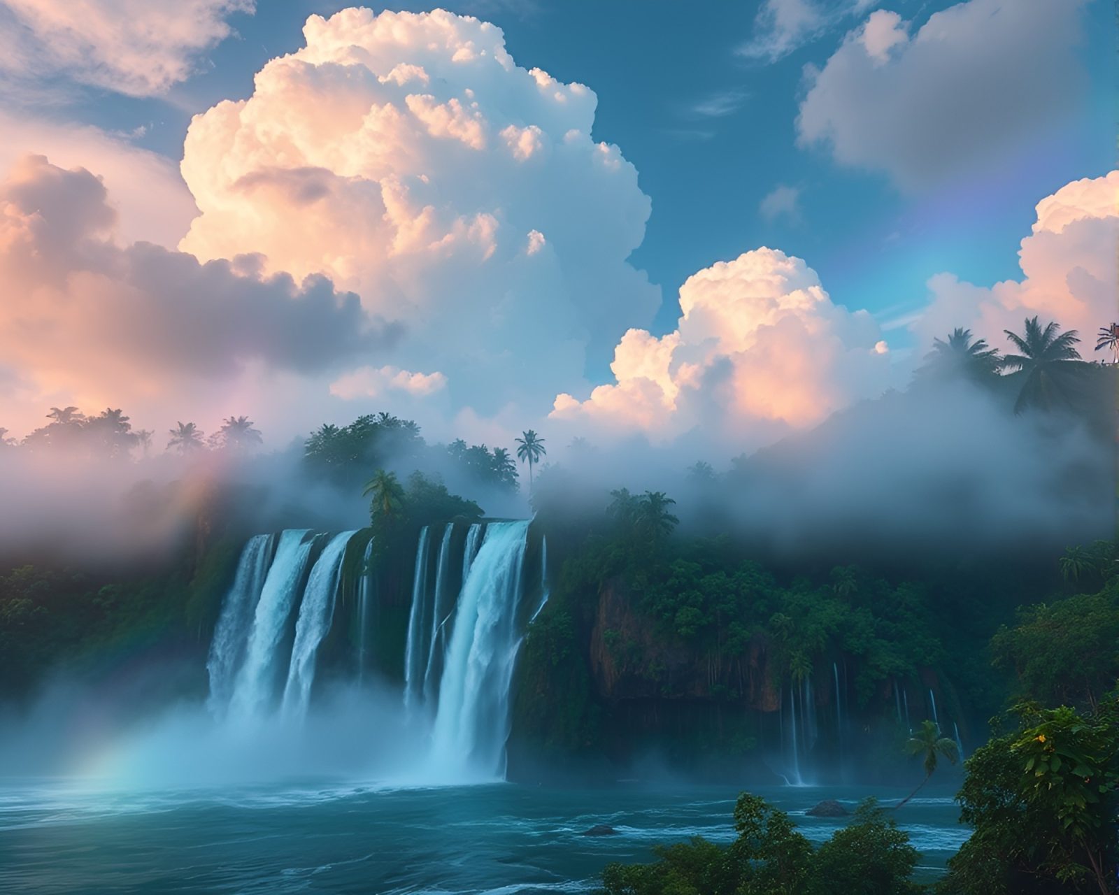 Vibrant waterfall with holographic textures and mystical cloud formations