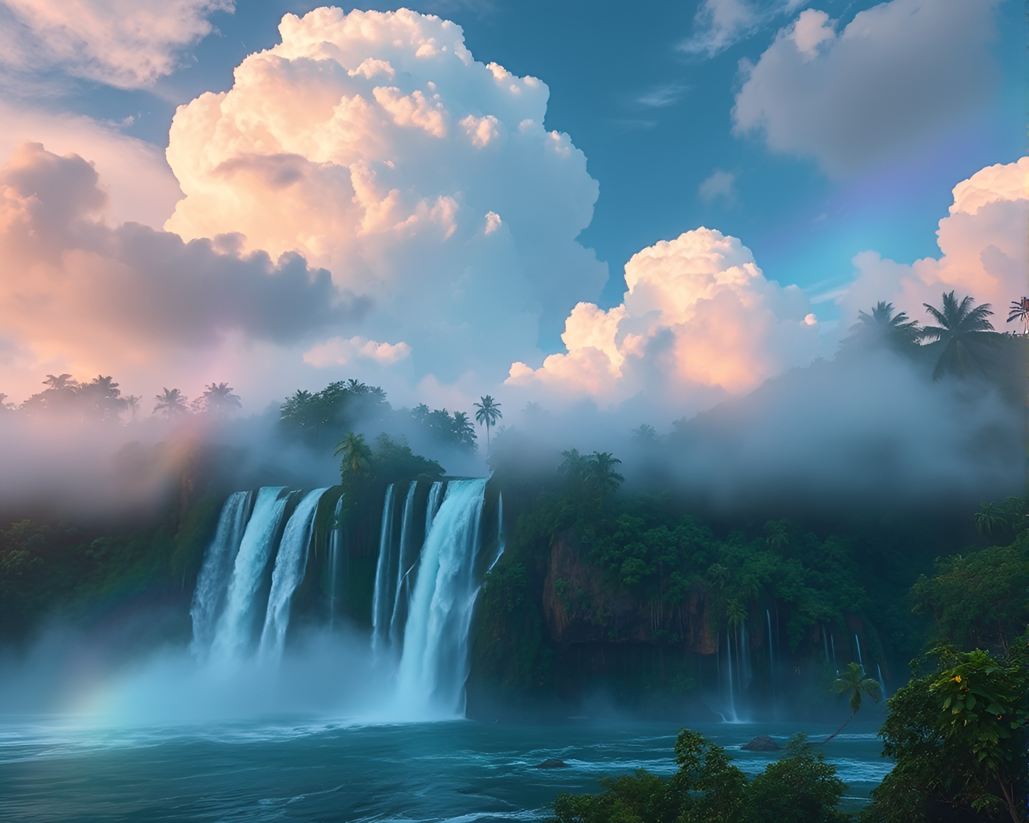 Tropical Sorcery: Holographic Waterfall Illuminated by Mystic Clouds – free AI stock image
