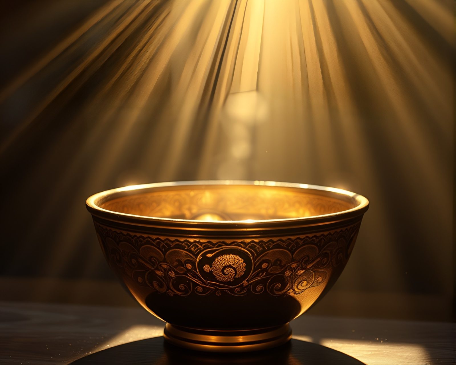 Surreal image of a radiant ramen bowl glowing with gold foil accents under sunbeams