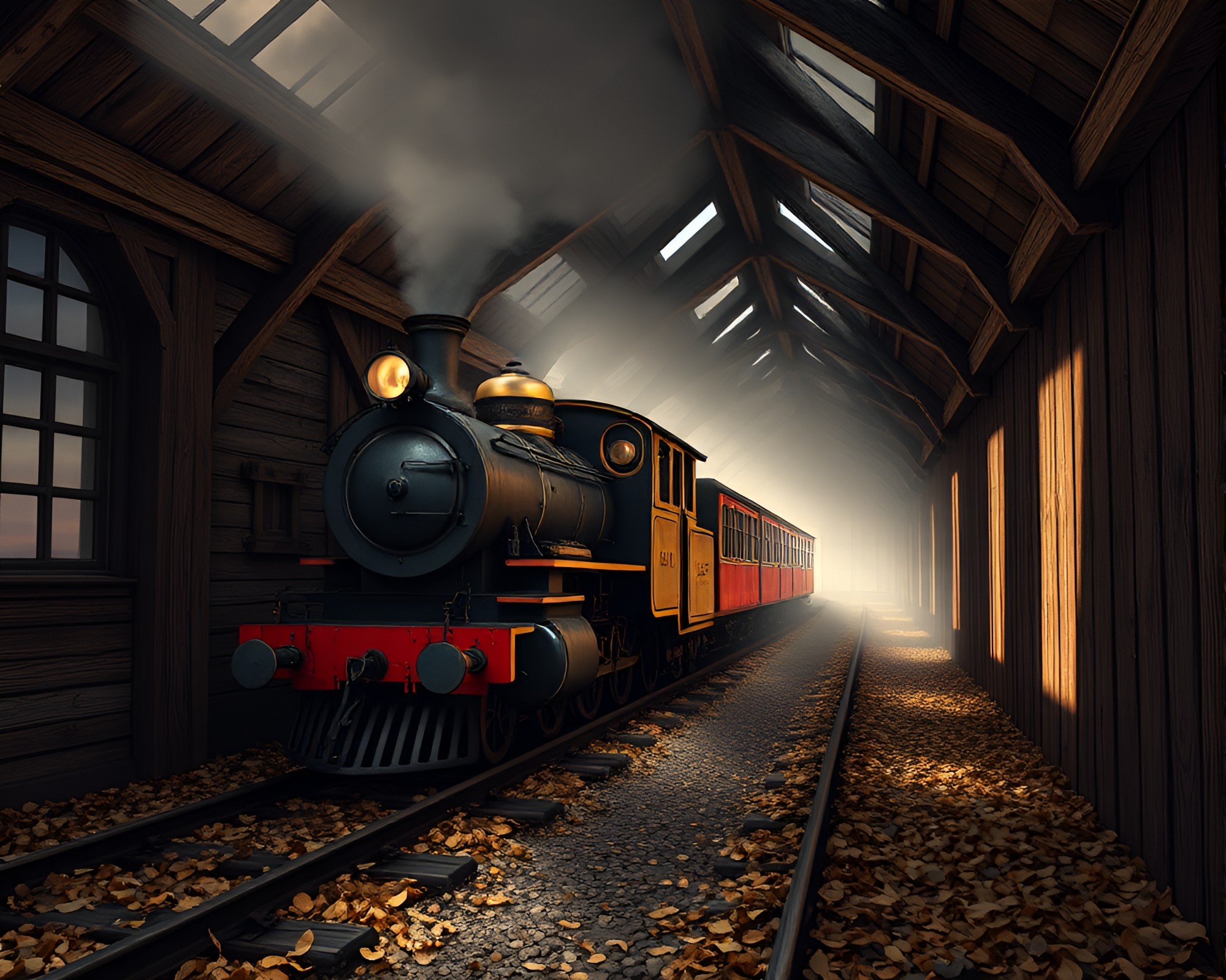 Mystical Steam Locomotive Amid Leaf Litter Shadows – free AI stock image