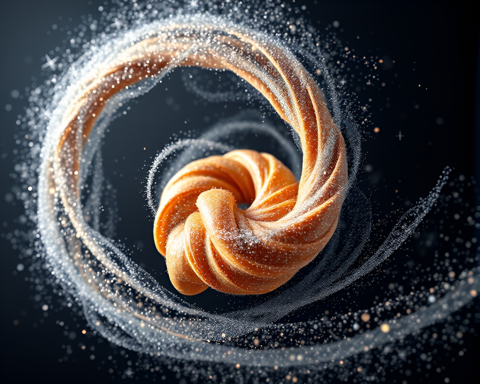 Swirling Croissant Shimmers with Stardust in 3D Vortex – free AI stock image