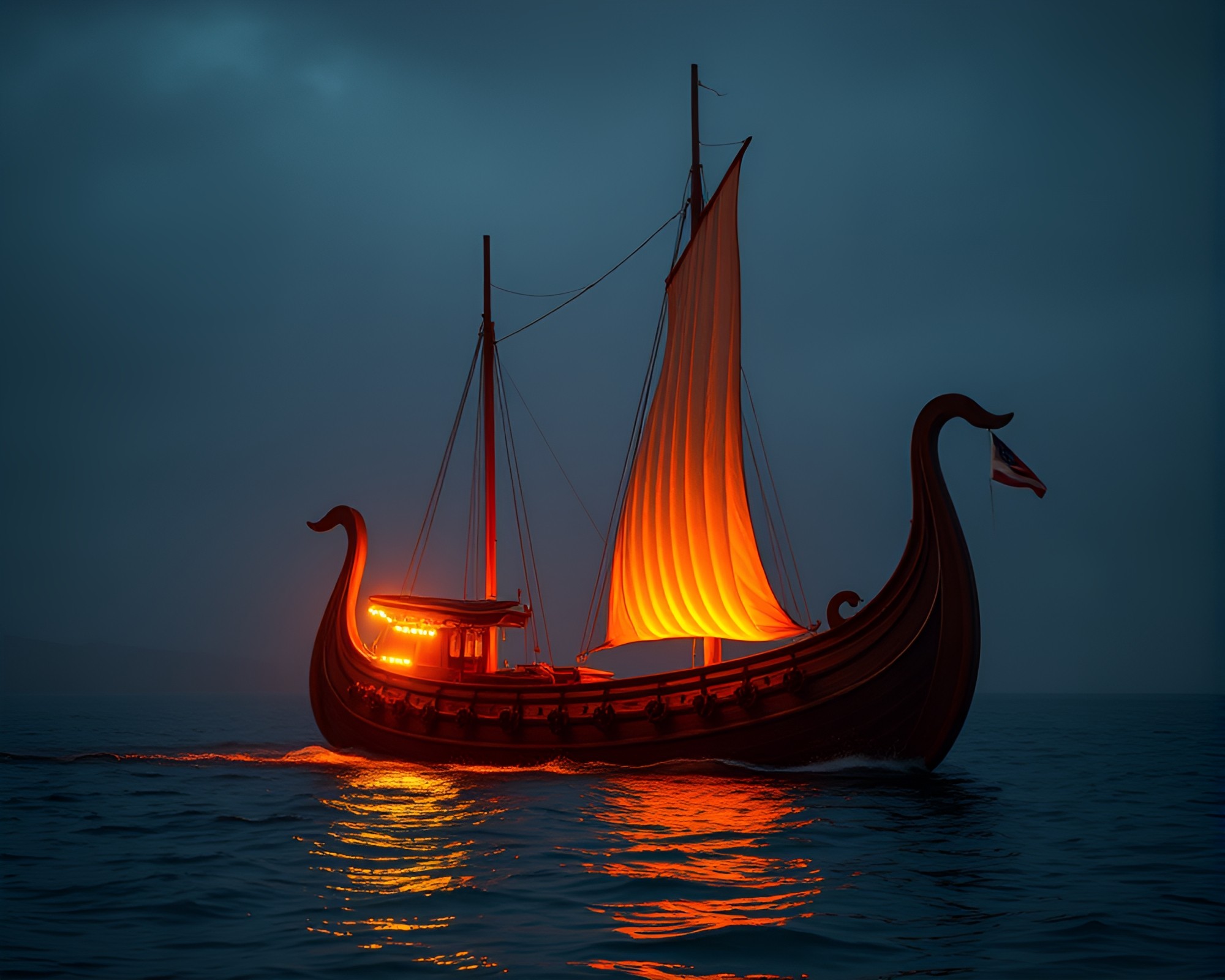 Viking Longship Sailing at Dusk in Grainy Overlaid Image – free AI stock image