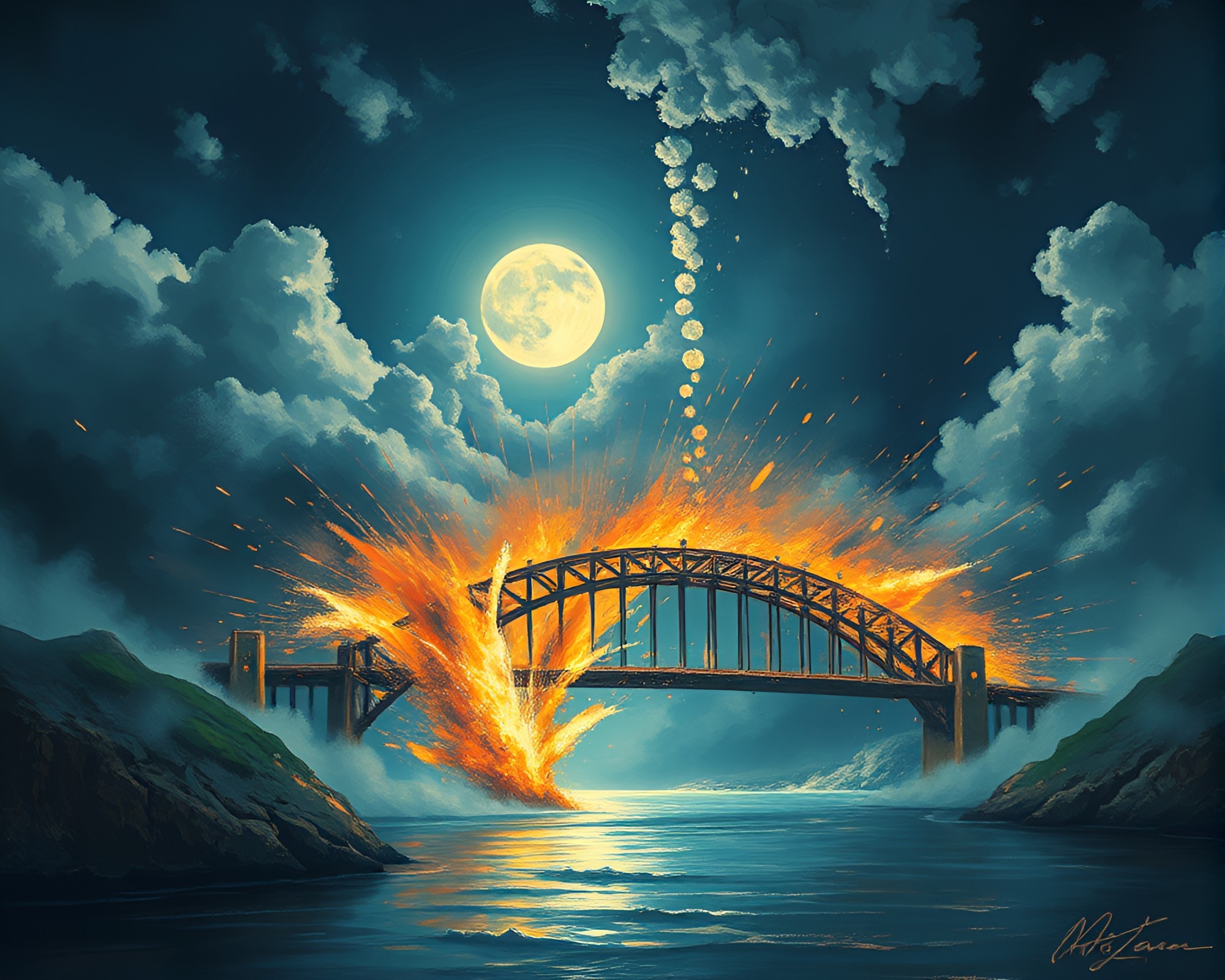 Moonlit Arch Bridge Explosion Digital Painting – free AI stock image