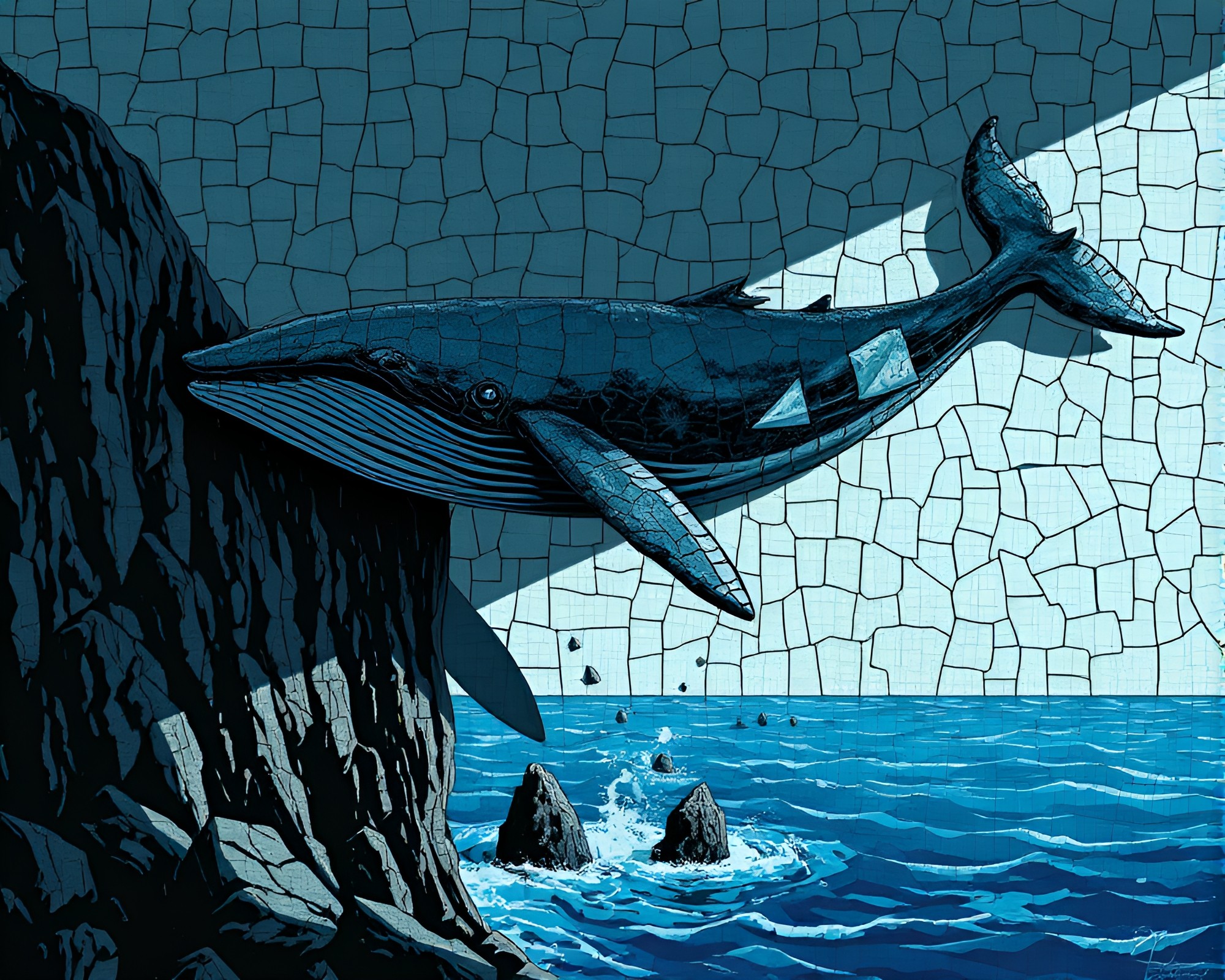 Whale Cyberpunk Mosaic on Cliffside Shadow – free AI stock image