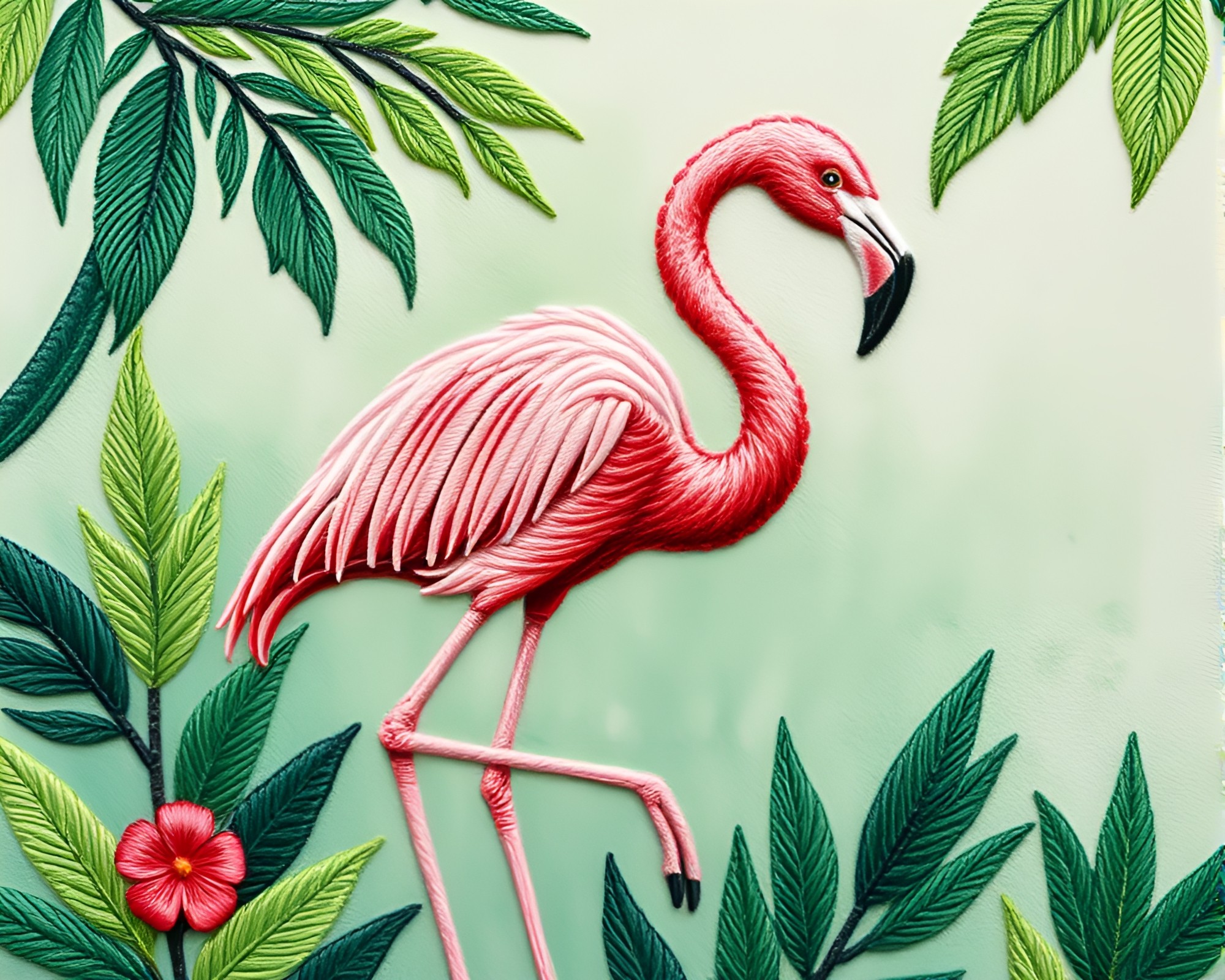 Exquisite Flamingo Embroidery in Rainforest Green Conté Crayon Drawing – free AI stock image