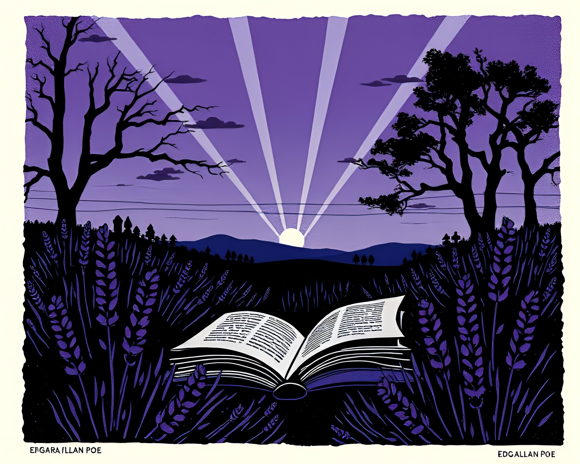 Lavender Twilight: Edgar Allan Poe Laser Woodcut Print – free AI stock image