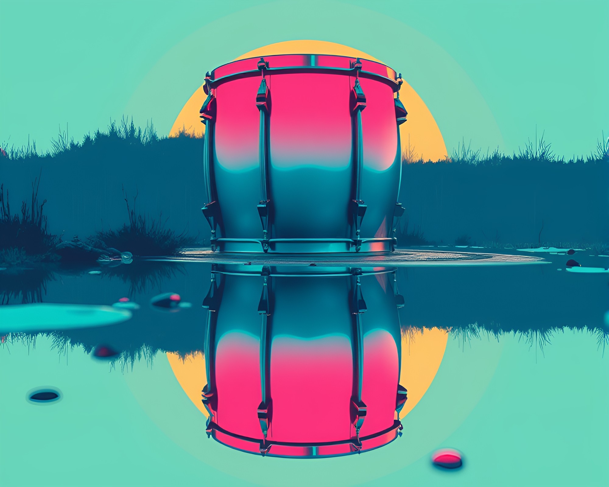 Drum Reflection in Puddle: Retro Pop Art Scene – free AI stock image