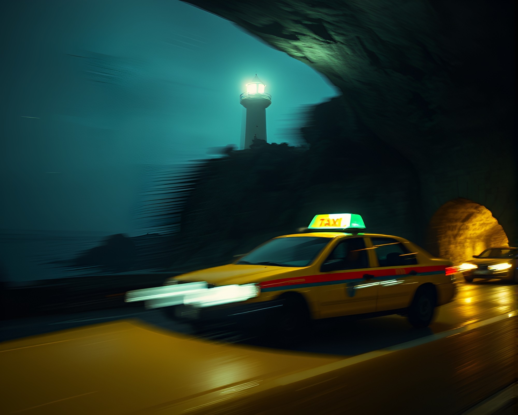 Taxi’s journey to the abandoned lighthouse cave entrance – free AI stock image
