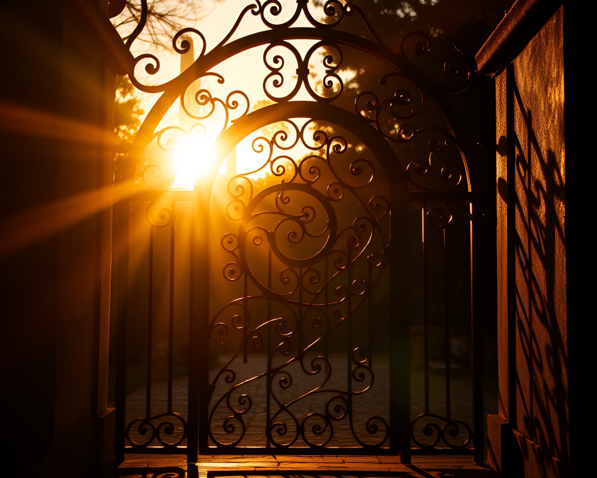 Elegant Wrought Iron Gate Silhouetted in Golden Spiral – free AI stock image