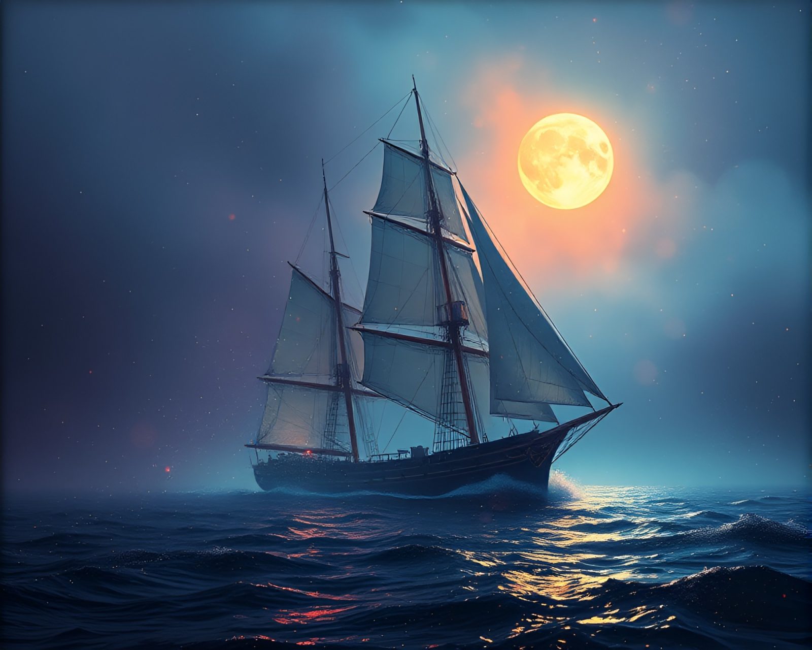 A vintage ship glowing under a disco ball in misty fog