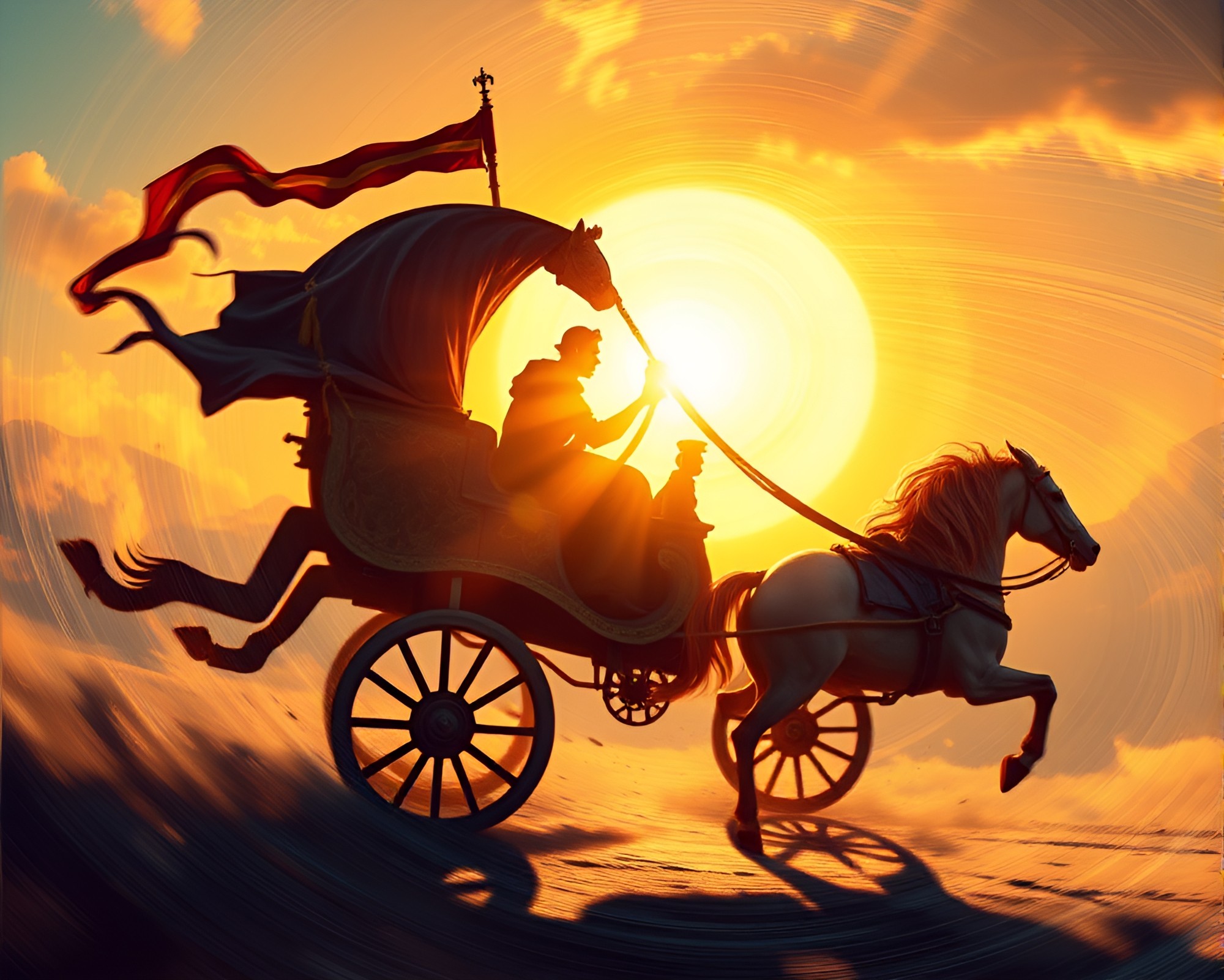 Chariot Ride Through Lens Distorted Cityscape – free AI stock image