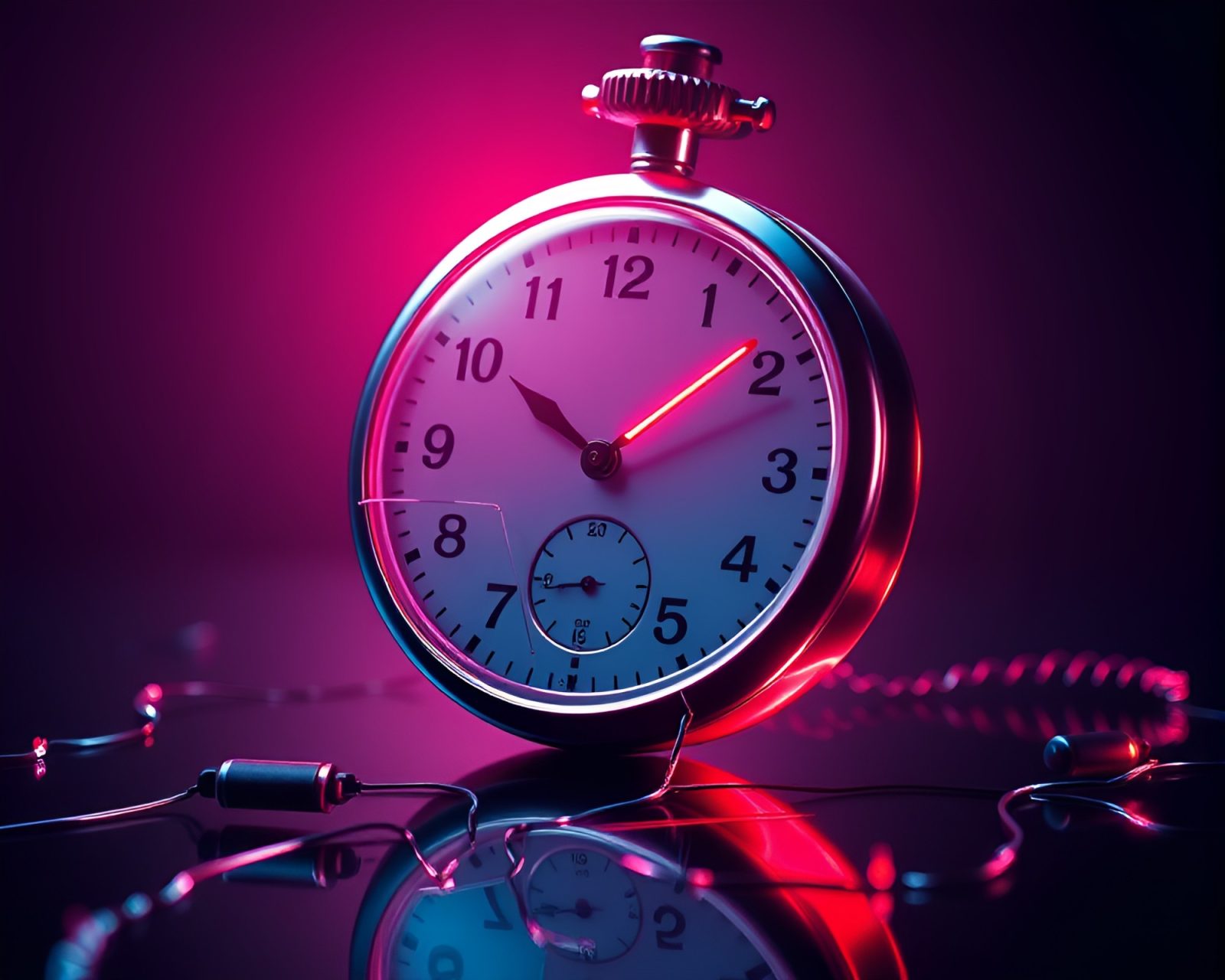 Flat design image of neon-lit pocket watch reflection