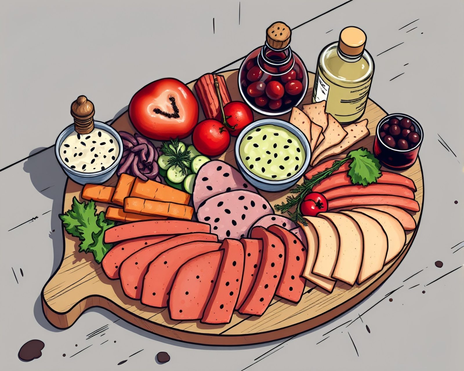 High-angle shot of vibrant charcuterie board in medical style