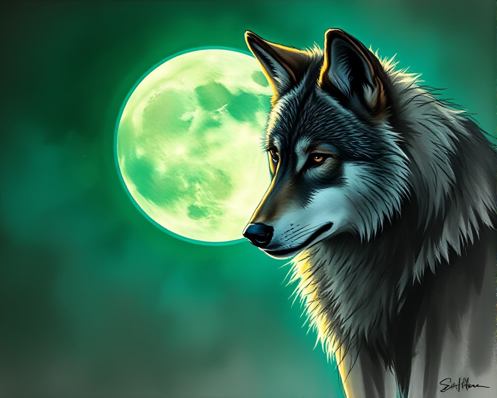 A candid moment captured in charcoal, portraying a moonlit wolf with emerald green highlights.