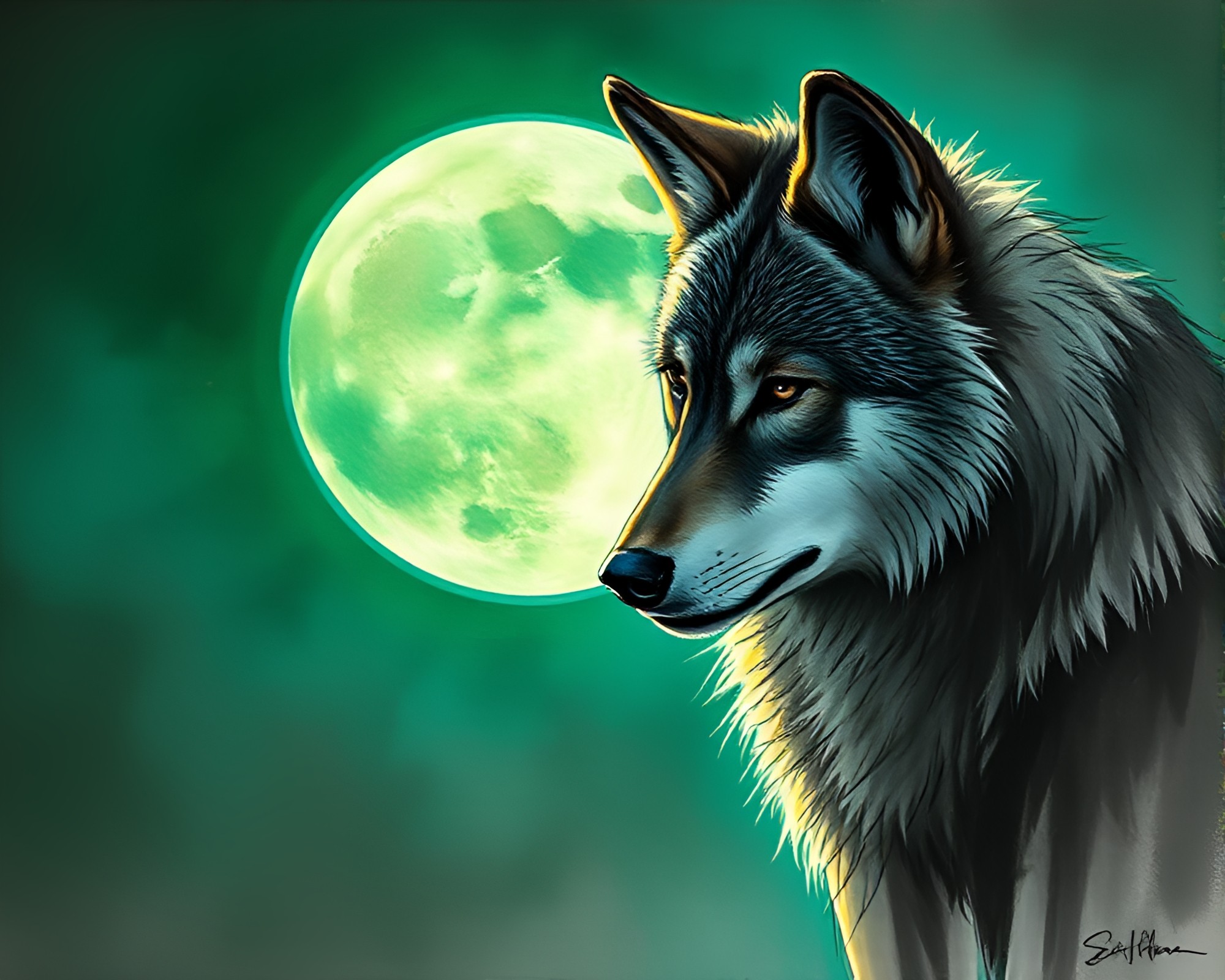 Moonlit Wolf Encounter: Charcoal Sketch Composition – free AI stock image